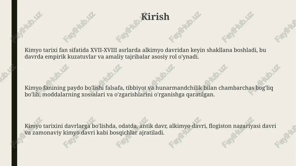 da lavuaze tomonidan kislorod kashf etilgach, rad etildi. flogiston nazariyasi davri kimyo tarixida muhim bosqich bo'lib, moddalarning xossalarini tushunishga urinishning dastlabki namunalaridan biri edi. u alkimyo va zamonaviy kimyo o'rtasidagi ko'prik vazifasini o'tagan. miqdoriy kimyo davri (a. lavuazye) u kislorodning yonishdagi rolini aniqladi va flogiston nazariyasini rad etdi, shu bilan kimyoviy reaksiyalarning yangi tushunchasini yaratdi. lavuazye massaning saqlanish qonunini aniq tajribalar bilan isbotladi, bu esa kimyoviy reaksiyalarda moddalarning miqdoriy o'zgarishlarini aniqlash imkonini berdi. lavuazye kimyoviy nomenklaturani isloh qildi va 33 elementdan iborat birinchi ilmiy elementlar ro'yxatini tuzdi, bu esa kimyo fanini tartibga solishga yordam berdi. atomistik nazariya davri (j. dalton) daltonning atomistik nazariyasi 1803-yilda moddalar elementlardan tashkil topgan bo'linmas 'atomlar'dan iboratligi haqidagi asosiy postulatni ilgari surdi. daltonning qonuni 1808-yilda qisman bosimlar yig'indisi umumiy bosimga teng bo'lgan gaz aralashmalari uchun muhim bo'lib, gazlarning xususiyatlarini o'rganishga yordam beradi. atom vaznlari jadvali 1803-yilda dalton tomonidan tuzilgan bo'lib, u vodorodni 1 deb belgilab, boshqa …