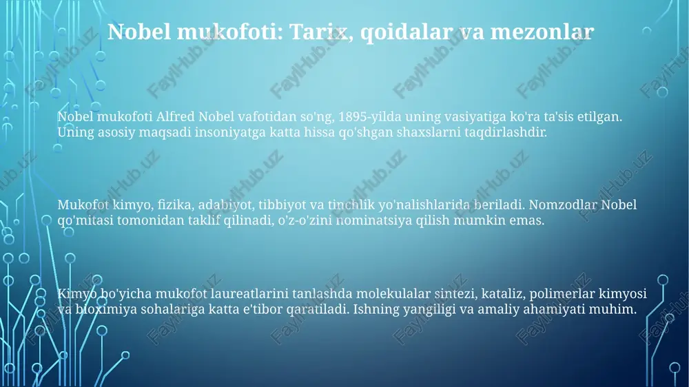 oyihalash bo'yicha olib borilgan ishlarga berilishi mumkin. 2050 yilgacha barqaror energiya va atrof-muhit muammolarini hal qilish uchun kataliz, elektrokimyo va uglerodni ushlash texnologiyalari sohasidagi yutuqlar mukofotga sazovor bo'ladi. keyingi o'n yillikda dori vositalarini ishlab chiqish, gen terapiyasi va biologik tizimlarni tushunish uchun kimyoviy biologiya, proteomika va genomika sohalaridagi fundamental kashfiyotlar e'tirof etiladi. e'tiboringiz uchun rahmat image3.png image1.png image2.png