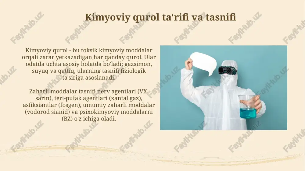 anligi hisobga olinadi. zararlanish darajasi xavfli hudud radiusini aniqlash orqali belgilanadi, bunda kimyoviy moddaning turi va atrof-muhit sharoitlari, jumladan, harorat va shamol tezligi 5 m/s muhim rol o'ynaydi. kimyoviy vaziyat prognozi va hisoboti kimyoviy vaziyat prognozi shamol yo'nalishi va tezligi, 10 daqiqalik, 1 soatlik, 6 soatlik va 12 soatlik prognozlar kabi meteorologik ma'lumotlarni hisobga oladi. kimyoviy vaziyat hisoboti zararlanish o'chog'ining koordinatalari, zaharli moddaning turi, zararlangan hududning maydoni va zararlanish vaqti kabi ma'lumotlarni o'z ichiga oladi. xalqaro konventsiyalar va kimyoviy qurollarni taqiqlash 1993-yildagi kimyoviy qurollarni ishlab chiqish, ishlab chiqarish, zahiralarini toʻplash va ulardan foydalanishni taqiqlash toʻgʻrisidagi konvensiya (kxk) barcha aʼzo davlatlardan kimyoviy qurollarni yoʻq qilishni talab qiladi. kimyoviy qurollar boʻyicha konvensiya (kxk) 1997-yilda kuchga kirdi va 193 ta davlatni oʻz ichiga oladi, u kimyoviy qurollarni ishlab chiqish, ishlab chiqarish, sotib olish, toʻplash, saqlash, uzatish yoki ishlatishni taqiqlaydi. kimyoviy qurolni yo'q qilish kimyoviy qurollarni yo'q qilish ikki bosqichdan iborat: birinchi navbatda, kimyoviy …