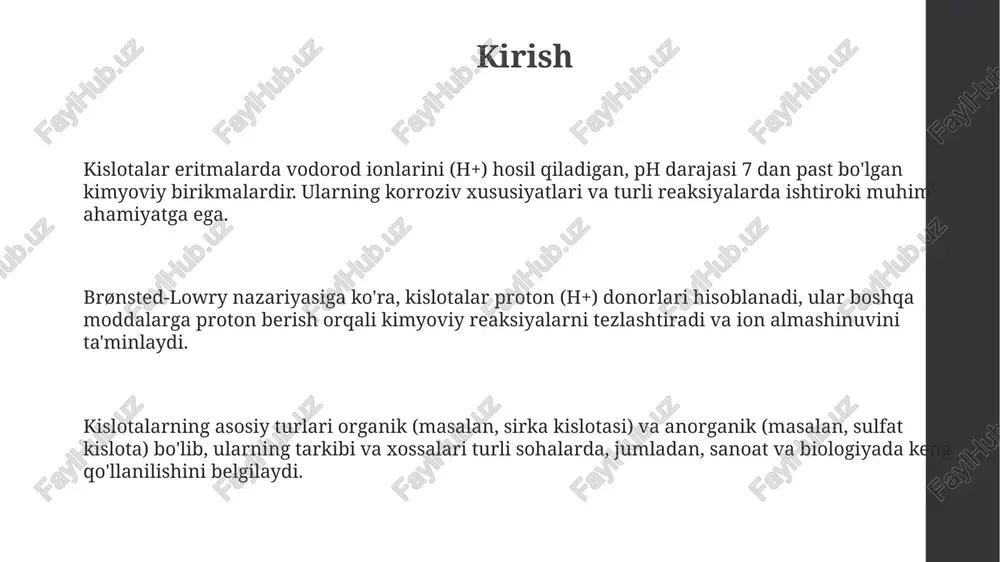 va tegishli anionlarni hosil qiladi. kuchsiz kislotalar, masalan, sirka kislotasi (ch₃cooh), suvda qisman ionlanadi, faqat bir necha foizi dissotsiatsiyalanib, muvozanat holati yuzaga keladi. kislota kuchini pka qiymati orqali aniqlash mumkin: past pka qiymati kuchliroq kislotani koʻrsatadi, pka 0 dan kam boʻlgan kislotalar kuchli, pka 4-6 kuchsizdir. bir asosli, ikki asosli va ko'p asosli kislotalar ikki asosli kislotalar, masalan sulfat kislotasi (h2so4), har bir molekula uchun ikki vodorod ionini (2h+) ajratish imkoniyatiga ega, bu ularning xususiyatlarini belgilaydi. bir asosli kislotalar har bir molekula uchun faqat bitta vodorod ionini (h+) ajratadi, masalan, xlorid kislotasi (hcl) bir h+ ionini beradi. ko'p asosli kislotalar uch yoki undan ortiq vodorod ionini (3+ h+) ajratishi mumkin, masalan, fosfor kislotasi (h3po4), bu esa ularning reaksiyaga kirishish qobiliyatini oshiradi. organik kislotalar organik kislotalar, masalan, sirka kislotasi (ch3cooh), tarkibida kamida bitta karboksil guruhi (-cooh) bo'lgan uglerod asosli birikmalardir va ularning kislotaligi vodorod ionining ajralishi bilan bog'liq. ko'pgina organik kislotalar …
