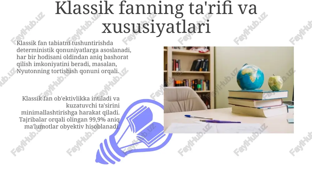 a bu aniq bo'lib qoldi. klassik nazariyalar yorug'lik tezligiga yaqin tezlikda harakatlanuvchi ob'ektlarni aniq tasvirlay olmadi, nisbiylik nazariyasini yaratishga turtki bo'ldi. klassik fanning zamonaviy fanga ta'siri klassik fan zamonaviy fan uchun mustahkam poydevor yaratdi; masalan, nyutonning harakat qonunlari hali ham 99% holatlarda muhandislik va fizikada qo'llaniladi. klassik elektromagnitizm zamonaviy aloqa texnologiyalari uchun asos bo'lib xizmat qiladi, radio to'lqinlari va optik tolali aloqa kabi 100 dan ortiq texnologiyalarni rivojlantirishga yordam berdi. uyg'onish davri va ilmiy inqilob 01 02 uyg'onish davri 14-16-asrlarda antik davr merosiga qayta qiziqish uyg'otdi, bu esa ilmiy tafakkurning rivojlanishiga turtki bo'ldi, gumanizmning o'sishi esa insonni tadqiqot markaziga qo'ydi. sales 1st qtr 2nd qtr 100 0 sales 1st qtr 2nd qtr 100 0 klassik fanning metodologiyasi klassik fanning metodologiyasi 17 va 19-asrlarda kuzatuv, tajriba va matematik shakllantirishga asoslangan empirik yondashuvga katta e'tibor qaratgan. deterministik qarash klassik fanning asosiy jihati bo'lib, har bir hodisani oldindan belgilangan sabablar zanjiri orqali 100% …