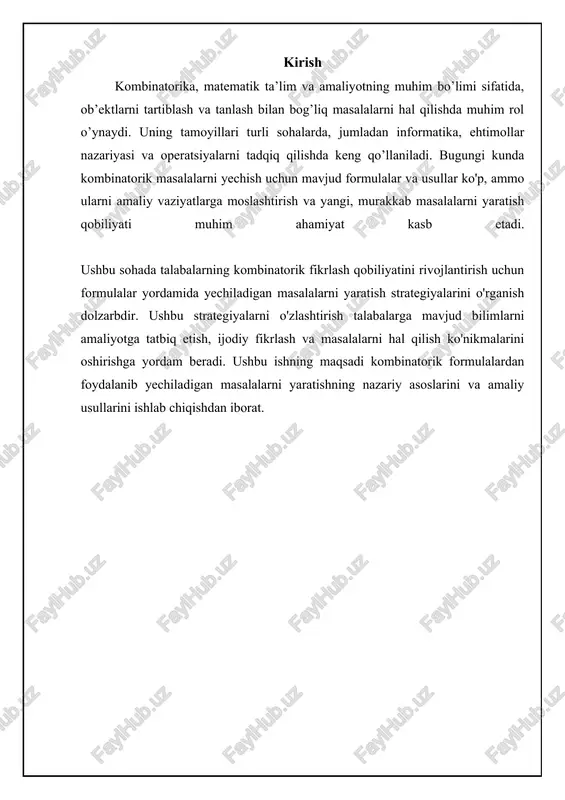 ni turli xonalarga joylashtirish usullari soni. mebelni joylashtirishni rejalashtirish, reklama roliklarini namoyish etish tartibini belgilash, tadbirlarda nutq so'zlovchilarni tartibini aniqlash. guruhlashlar: tartibsiz tanlash guruhlash (kombinatsiya) o'rinlashtirishdan farqli ravishda elementlarni tanlash tartibi muhim bo'lmagan holatlarni o'rganadi. bunda n elementdan iborat to'plamdan m elementni shunday tanlash usullari soni hisoblanadiki, bunda elementlarning joylashuvi ahamiyatga ega emas. misol uchun, yuqoridagi {a, b, c} to'plamdan ikkita elementni guruhlashda ab va ba bir xil hisoblanadi. shuning uchun, mumkin bo'lgan guruhlashlar ab, ac va bc bo'ladi. guruhlashlar sonini hisoblashning formulasi n! / (m! * (n-m)!) ko'rinishida ifodalanadi. guruhlashlarga oid misollarga lotereya misol bo'la oladi. agar 49 ta sondan 6 tasini tanlash kerak bo'lsa, bu guruhlash masalasidir, chunki sonlarning tanlanish tartibi ahamiyatga ega emas. bunda n = 49 va m = 6. formulaga qo'yadigan bo'lsak, 49! / (6! * (49-6)!) = 49! / (6! * 43!) = 13,983,816 xil usul mavjudligini aniqlaymiz. guruhlashlar sonining ortishi bilan g'alaba qozonish …