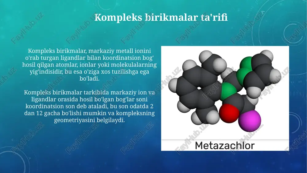 natsion soni ligandlar soni va ularning dentatligiga bog'liq, masalan, bidentat ligandlar bilan kompleksda koordinatsion son 4 yoki 6 bo'lishi mumkin. ichki kompleks birikmalarning spektroskopiyasi ichki kompleks birikmalarning spektroskopiyasi metall markazining d-d o'tishlarini o'rganishga imkon beradi, bu esa ligand maydonining parchalanish energiyasi (δ₀) haqida ma'lumot beradi. elektron yutilish spektroskopiyasi yordamida charge-transfer polosalarini kuzatish mumkin, bu metall va ligand orasidagi kovalent bog'lanish xususiyatini aniqlashga yordam beradi. ichki kompleks birikmalarning misollari misol sifatida, mis bis(asetilasetonat) cu(acac)2 molekulasi 2 ta asetilasetonat ligandiga ega bo'lib, ular mis ioniga koordinatsion bog' hosil qilib, barqaror ichki kompleks halqa hosil qiladi. nikkel dimetilglioksimati ni(dmg)2 - klassik misol, unda 2 ta dimetilglioksimat ligandi markaziy nikkel ionini o'rab oladi va 4 ta a'zoli ichki kompleks hosil qiladi. e'tiboringiz uchun rahmat image3.png image4.jpg image5.jpg image6.jpg image7.jpg image8.jpg image9.jpg image10.jpg image11.jpg image12.jpg image13.jpg image14.jpg