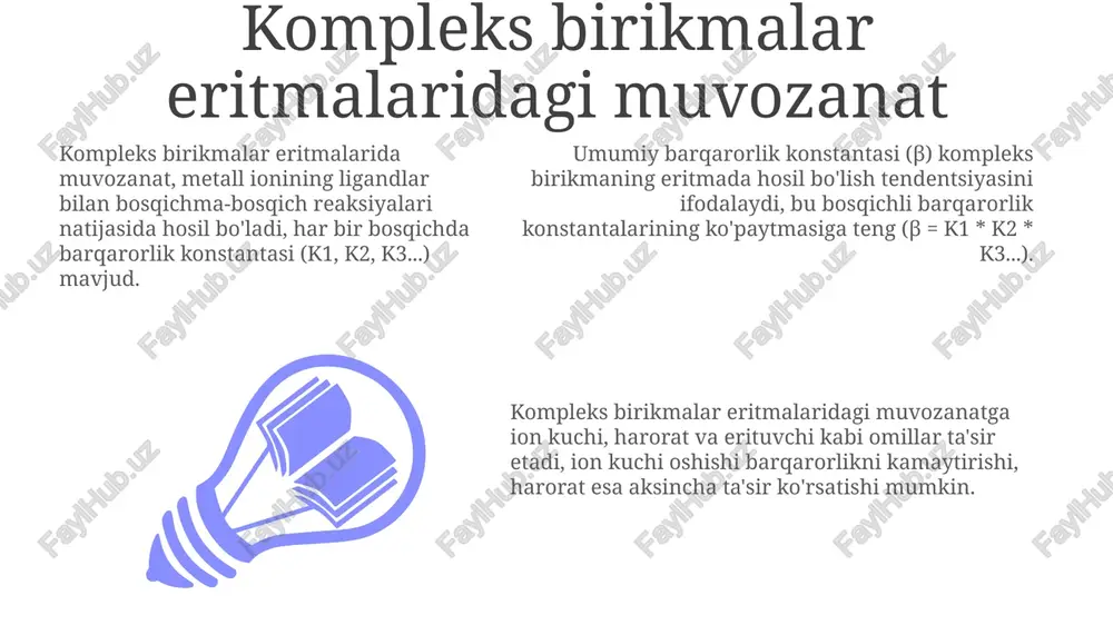 ifatini yaxshilaydi va turli kasalliklarni tashxislashda yordam beradi. metalloproteinlar, masalan, gemoglobin, kislorodni tashishda muhim rol o'ynaydi, bunda temir (fe2+) ionlari kislorod molekulasi bilan kompleks hosil qiladi, bu esa hayotiy funksiyalar uchun zarurdir. chelat hosil qiluvchi agentlar zaharlanishni davolashda ishlatiladi; masalan, edta og'ir metallarni bog'lab, ularni organizmdan chiqarib yuborishga yordam beradi, bu esa toksiklikni kamaytiradi. e'tiboringiz uchun rahmat image1.jpeg image2.jpeg image3.jpeg