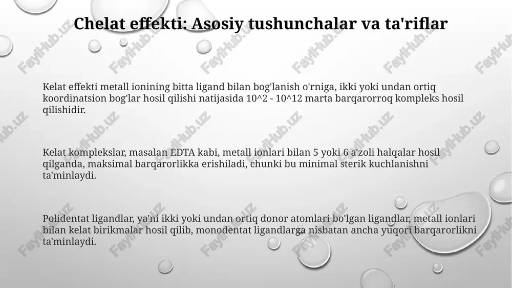 zoli halqalar optimal barqarorlikni ta'minlaydi, masalan, edta komplekslari. chelat komplekslarining toksikligi metall ionining tabiatiga bog'liq; barqaror chelatlar biologik mavjudlikni kamaytiradi, ammo ba'zi hollarda toksiklikni oshirishi mumkin. e'tiboringiz uchun rahmat image1.png image2.png