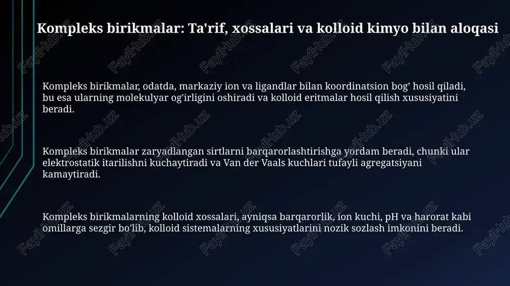 ladi. kompleks hosil qilish zarrachalarning agregatlanishini kamaytiradi va samaradorlikni oshiradi. farmatsevtikada kompleks birikmalar 10-200 nm o'lchamdagi dori vositalarini kapsulalashda qo'llaniladi, bu esa dori vositasining stabilligini va maqsadli yetkazilishini ta'minlaydi. oziq-ovqat sanoatida metall ionlari bilan kompleks birikmalar barqaror emulsiya yaratishda ishlatiladi. masalan, ca(ii) kazeinat komplekslari sut mahsulotlarining kolloid tuzilishini yaxshilaydi. kolloid xossalarni o'rganish usullari va rivojlanish istiqbollari kolloid xossalarni o'rganishda dinamik yorug'lik sochilishidan (dls) foydalanish zarralar hajmini aniqlashda vaqt o'lchovida 1 nm dan 1 mikrongacha bo'lgan diapazonda keng qo'llaniladi. afm (atom-kuch mikroskopiyasi) kabi sirtni tasvirlash usullari nanometrik o'lchamdagi kolloid zarralarning morfologiyasi va sirt xususiyatlari to'g'risida ma'lumot beradi. elektroforez usuli kolloid zarralarning elektr zaryadini o'lchash imkonini beradi va bu barqarorlikni tahlil qilishda muhimdir, ayniqsa, 0 dan 100 mv gacha bo'lgan diapazonda. e'tiboringiz uchun rahmat image1.png