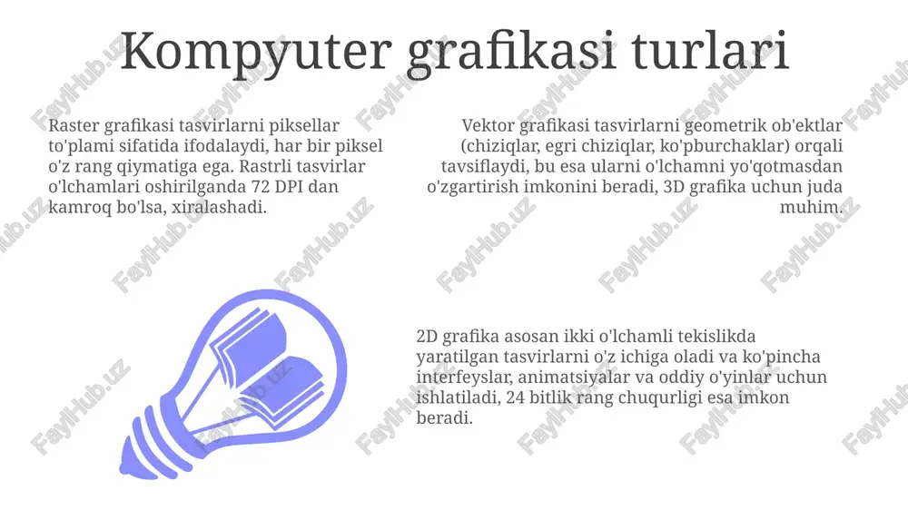 huqurligini qo'llab-quvvatlaydi va detalni saqlash uchun ishlatiladi, lekin siqilmaganligi tufayli fayllar hajmi katta bo'lishi mumkin. vektor grafikasi uchun svg formatini coreldraw va adobe illustrator kabi dasturlar qo'llab-quvvatlaydi; ular geometrik shakllarni aniq saqlash va kattalashtirish imkonini beradi. raster grafikasi uchun photoshop kabi dasturlar jpeg formatini qo'llab-quvvatlaydi, bu format rasm sifatini yo'qotish hisobiga fayl hajmini kamaytirish imkonini beradi. e'tiboringiz uchun rahmat image1.jpeg image2.jpeg image3.jpeg