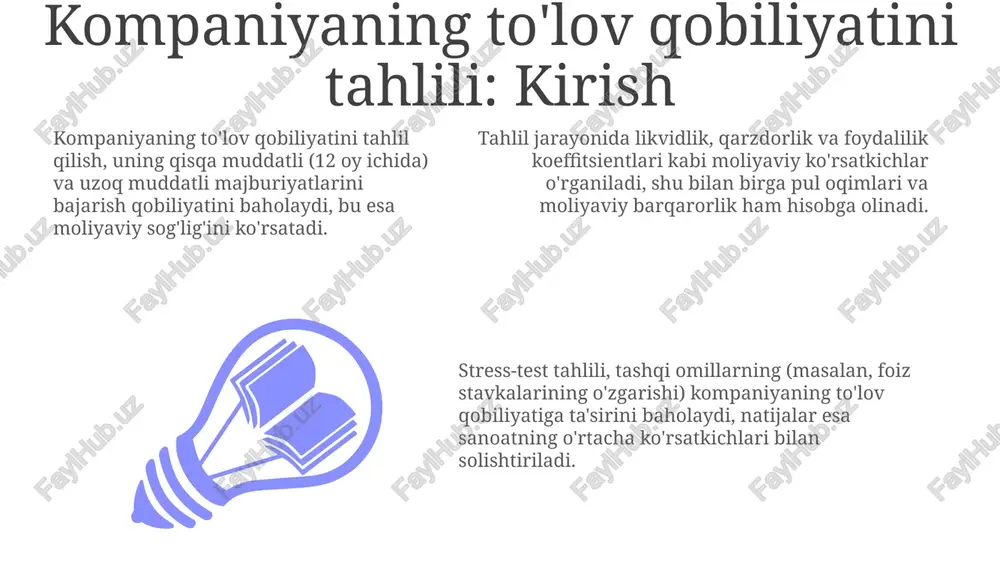 da, kompaniyaning qarz yuklamasi va moliyaviy xavfini baholashda yordam beradi, masalan, qarzning kapitalga nisbati 0.5 sanoatdan yaxshiroqmi? xulosa va tavsiyalar moliyaviy tahlil natijalariga ko'ra, kompaniyaning 1.2 likvidlik koeffitsienti optimallashishga muhtoj, shuning uchun qisqa muddatli aktivlarni boshqarishni yaxshilash tavsiya etiladi. qarzdorlik koeffitsientining 0.7 dan yuqoriligi xavotirli, shuning uchun moliyaviy risklarni kamaytirish uchun keyingi 3 yilda qarz yukini kamaytirish maqsadga muvofiq. pul oqimi tahliliga asoslanib, operatsion pul oqimining 10% ga kamayishi kuzatildi, shuning uchun xarajatlarni nazorat qilish va daromadni oshirish bo'yicha choralar ko'rish lozim. e'tiboringiz uchun rahmat image1.jpeg image2.jpeg image3.jpeg