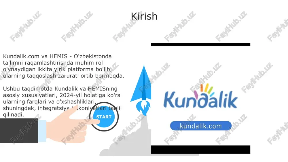 mis kabi davlat xizmatlari bilan bevosita integratsiyaning yo'qligi bo'lishi mumkin. hemisning afzalligi o'zbekiston ta'lim tizimi bilan integratsiyasi, kamchiligi esa foydalanish qulayligi bo'yicha kundalikdan ortda qolishi va ba'zi funksiyalarning cheklanganligi. 06 05 04 taqqoslash jadvali va xulosalar 01 02 kundalikda 24/7 texnik yordam mavjud, hemisda esa faqat ish vaqtida. bu farq foydalanuvchilarga qulaylik darajasida muhim ta'sir ko'rsatadi. ma'lumotlar xavfsizligi bo'yicha kundalik gdpr standartlariga mos, hemis esa faqat o'zbekiston qonunchiligiga javob beradi, bu global talablarda farq borligini ko'rsatadi. kelajakdagi istiqbollar va rivojlanish tendensiyalari kundalik.com va hemis tizimlarining kelajagi ai integratsiyasi orqali avtomatlashtirish va shaxsiy o'qitish strategiyalarini optimallashtirish orqali sezilarli o'sishni ko'rsatishi mumkin. blokcheyn texnologiyasidan foydalanish hemis va kundalik.com'da ma'lumotlarning xavfsizligini oshiradi, shaffoflikni ta'minlaydi va soxtalashtirish xavfini kamaytiradi. e'tiboringiz uchun rahmat image5.png image6.jpg image7.jpg image8.jpg image9.jpg image10.jpg image11.jpg image12.jpg image13.jpg image14.jpg image15.jpg image16.jpg image17.jpg image1.jpeg image2.jpeg image3.jpeg image4.jpeg