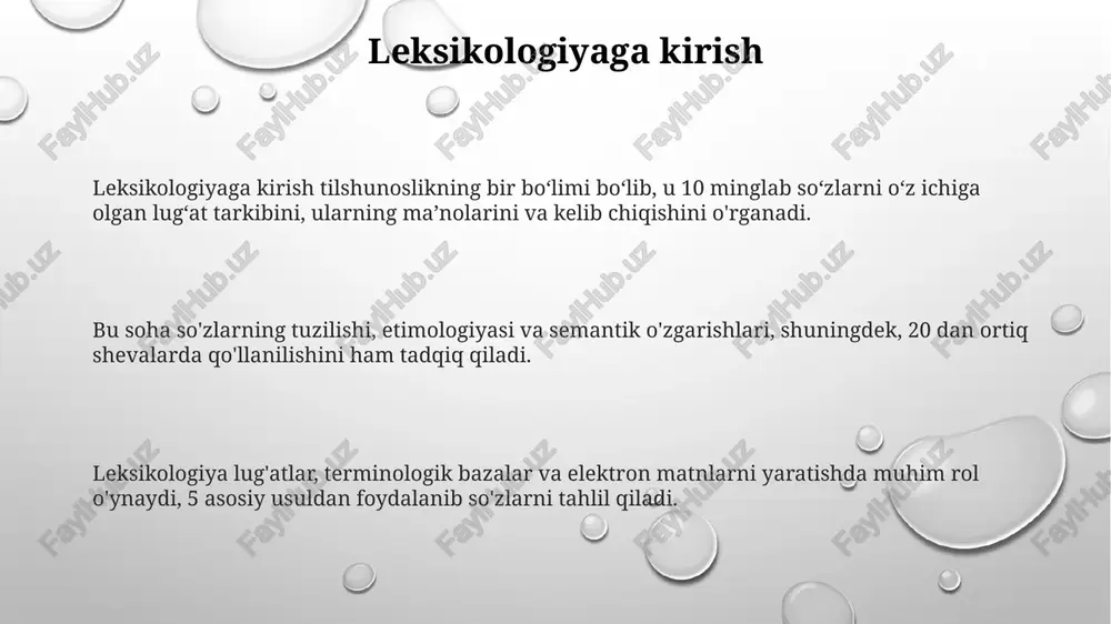 ma'lum qismlaridan olingan 2-3 ta dalil bilan tasdiqlanadi, natijada mantiqiy yakun yasaladi. xulosada lingvistik ma'lumotlarning 5w1h (who, what, where, when, why, how) usuli bo'yicha tahlili keltiriladi, bu tadqiqotning 80-90% mazmunini qamrab oladi va amaliy ahamiyatini ochib beradi. e'tiboringiz uchun rahmat image3.png image1.png image2.png