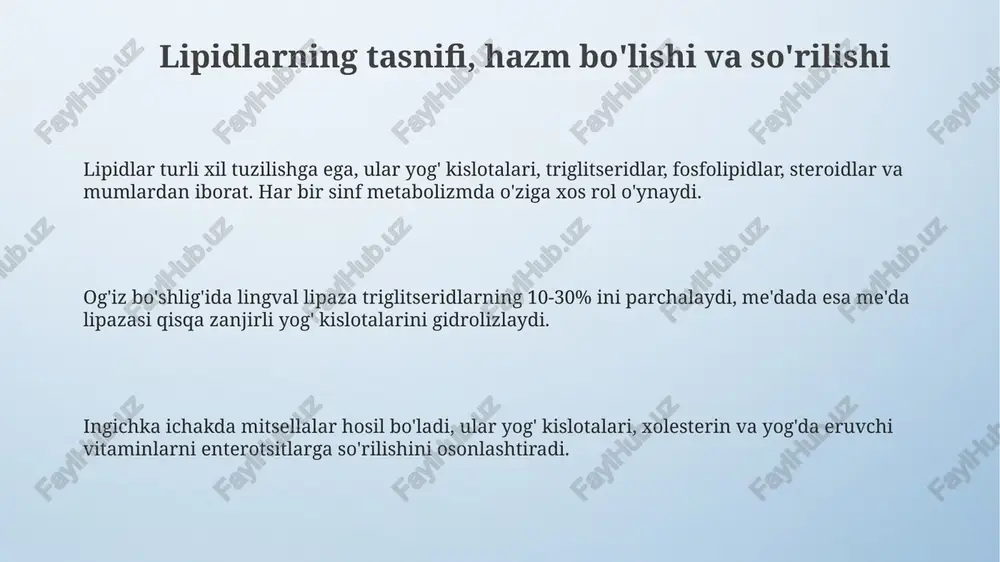 ladi. lipid metabolizmining regulyatsiyasi, buzilishlari va klinik ahamiyati insulin yog 'sintezini rag'batlantiradi va lipazni inhibe qiladi, glukagon esa lipazni faollashtiradi, yog' kislotalarining oksidlanishini oshiradi; bu gormonal balans energiya homeostazini saqlaydi. ateroskleroz ldl xolesterolining arteriya devorlarida to'planishi natijasida rivojlanadi, bu esa qon tomirlarining torayishiga va yurak-qon tomir kasalliklariga olib keladi. giperlipidemiya, triglitseridlar yoki xolesterinning yuqori darajalari bilan tavsiflanadi, yurak xastaligi xavfini oshiradi va parhez, jismoniy mashqlar yoki dori-darmonlar bilan boshqarilishi mumkin. e'tiboringiz uchun rahmat image4.png image5.png image1.jpeg