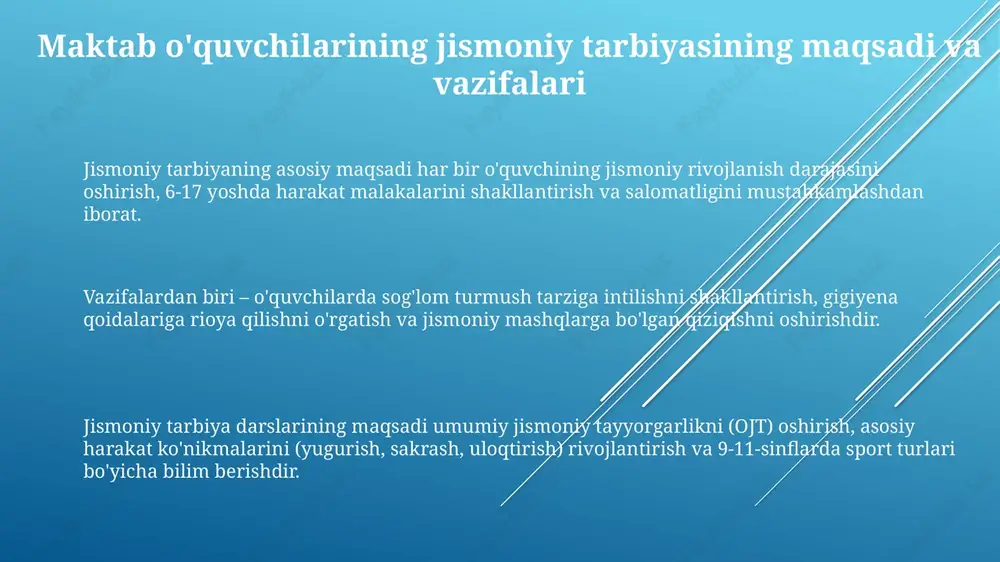 h majburiy. resurslar va infratuzilma maktablarda zamonaviy sport zallari, o'lchamlari standartlarga mos keladigan futbol maydonlari va kamida 400 metrga mo'ljallangan yugurish yo'laklari bo'lishi jismoniy tarbiya sifatini oshiradi. jismoniy tarbiya darslari uchun zarur bo'lgan inventarlar, jumladan, 10 dan ortiq gimnastika to'plamlari va turli o'lchamdagi to'plar (voleybol, basketbol, futbol) bilan ta'minlash muhim. maktab hududida tashqi jismoniy mashqlar uchun mo'ljallangan, kamida 5 xil turdagi uskunalar o'rnatilgan maydonchalar bolalarning jismoniy rivojlanishiga katta hissa qo'shadi. o'qituvchilar malakasi o'qituvchilarning malakasi har 3 yilda attestatsiya orqali baholanadi. attestatsiya jarayonida dars berish mahorati va sport bo'yicha nazariy bilimlari tekshiriladi. jismoniy tarbiya o'qituvchilari kamida 5 yillik pedagogik tajribaga ega bo'lishi, sport fiziologiyasi bo'yicha chuqur bilimga ega bo'lishi va muntazam malaka oshirishi shart. jismoniy tarbiya o'qituvchilari uchun inklyuziv ta'lim, gender tengligi va sog'lom turmush tarzini targ'ib qilish bo'yicha maxsus 72 soatlik kurslar tashkil etiladi. baholash tizimi baholash tizimi jismoniy tayyorgarlikni baholashda 6 ta asosiy harakatni (yugurish, sakrash, uloqtirish) o'z ichiga …