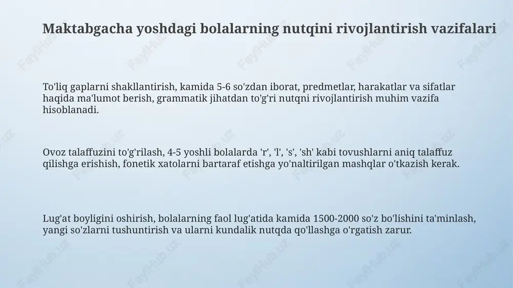 hilash, yangi so'zlarni o'zlashtirish va ularni nutqda qo'llashga yordam beradi. nutqni rivojlantirishda adabiyot va folklor ertaklar 3-4 yoshli bolalarning lug'atini boyitadi, grammatik to'g'ri tuzilgan gaplarni o'rgatadi va ularning xayolotini rivojlantiradi, bu esa nutqning sifatini oshiradi. topishmoqlar va maqollar 4-5 yoshli bolalarga metaforalar va taqqoslashlarni tushunishga yordam beradi, shuningdek, nutqning mazmunini qisqa va aniq ifodalashga o'rgatadi. she'rlar 5-6 yoshli bolalarning fonetik eshitish qobiliyatini rivojlantiradi, ritm va ohangni his qilishni o'rgatadi va nutqning ifodaliligini oshiradi, kamida 10 ta she'rni yodlash kerak. nutqni rivojlantirishda oilaning roli ota-onalar farzandlarining nutqini boyitish uchun kitoblar o'qishlari, she'rlar yodlashlari va folklor elementlaridan foydalanishlari kerak, bu 3-4 yoshdagi bolalarning lug'at boyligini oshiradi. oila nutqni rivojlantirishda muhim rol o'ynaydi, bolalarga 1000 dan ortiq so'zni o'rganishga yordam beradi, ular bilan dialog o'rnatish va savollarga javob berish orqali. oila a'zolari bilan o'zaro muloqotda bolaning nutq faolligi ortadi; ular 3-bosqichdagi nutq rivojlanishini rag'batlantirib, oddiy gaplar tuzishga o'rgatadi. nutq nuqsonlarini aniqlash va tuzatish …