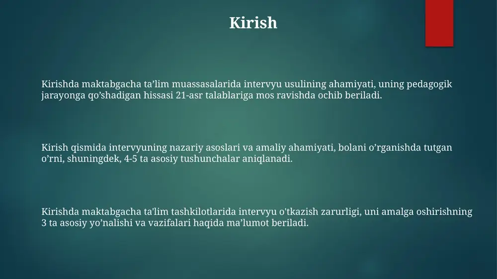 aning xususiyatlarini ochib beradi. yopiq savollar javob beruvchini "ha" yoki "yo'q" kabi aniq javob berishga majbur qiladi, masalan, "bolangiz bog'chaga borishni xohlaydimi?" bu esa tezkor ma'lumot olish uchun qulay. yo'naltiruvchi savollar javob beruvchini muayyan javob berishga undaydi, lekin ular 3-shaxs nuqtai nazarini cheklashi mumkin; masalan, "bolangiz tarbiyachilar bilan yaxshi munosabatdami?" intervyu o'tkazish bosqichlari (kirish, asosiy qism, yakun) asosiy qismda intervyu maqsadi bo'yicha savollar beriladi, bunda 10-15 daqiqa davomida bolaning rivojlanishi, qiziqishlari va muammolari haqida ma'lumot to'planadi. kirish bosqichida suhbatdosh bilan ishonchli munosabat o'rnatish muhim, bunda 2-3 daqiqa davomida mavzuga oid bo'lmagan savollar berib, samimiy muhit yaratiladi. yakuniy bosqichda 5 daqiqa ichida suhbat uchun minnatdorchilik bildiriladi, olingan ma'lumotlar xulosalanadi va keyingi qadamlar (masalan, qo'shimcha kuzatuv) haqida kelishiladi. intervyu jarayonida suhbatlashuvchi bilan aloqa o'rnatish suhbat boshida samimiy muhit yaratish uchun tabassum, ko'z bilan aloqa va ism bilan murojaat qilish orqali 1-2 daqiqa davomida kichik suhbatlashuv o'tkazish lozim. empatiyani namoyish etish, suhbatdoshning his-tuyg'ularini …
