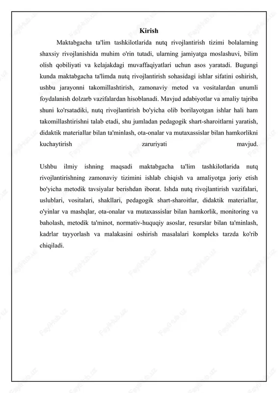 lar, rasmlar, didaktik materiallar va boshqa vositalar kiradi. misol uchun, “kim nima qiladi?” o'yini bolalarning fe'l-atvorini rivojlantirishga yordam beradi, “so'z top” o'yini esa, so'z boyligini oshiradi. shuningdek, metodik ta'minotda nutq terapiyasi mashqlari va tavsiyalari ham bo'lishi mumkin, bu esa nutqida nuqsoni bo'lgan bolalarga yordam beradi. muhimi, metodik materiallar o'qituvchilar va tarbiyachilar tomonidan ijodiy va moslashuvchanlik bilan qo'llanilishi kerak, har bir bolaning individual ehtiyojlarini hisobga olgan holda. 📈 maktabgacha ta'lim tashkilotlarida nutqni rivojlantirish bo'yicha metodik ta'minotning asosiy yo'nalishlari ushbu grafik maktabgacha ta'lim tashkilotlarida nutqni rivojlantirish bo'yicha metodik ta'minotning asosiy yo'nalishlaridagi materiallar ulushini ko'rsatadi. ota-onalar bilan hamkorlikda nutqni rivojlantirish ota-onalar bilan hamkorlik maktabgacha ta'lim tashkilotlarida nutqni rivojlantirishning muhim bir qismidir. ota-onalar bolaning birinchi o'qituvchilari bo'lib, ular bolaning nutqi rivojlanishiga katta ta'sir ko'rsatadilar. maktabgacha ta'lim tashkilotlari ota-onalar uchun turli xil seminarlar, maslahatlar va treninglar tashkil qilishi mumkin, bu esa ota-onalarga bolalari bilan to'g'ri muloqot qilish, ularga kitob o'qib berish va ularning savollariga javob …