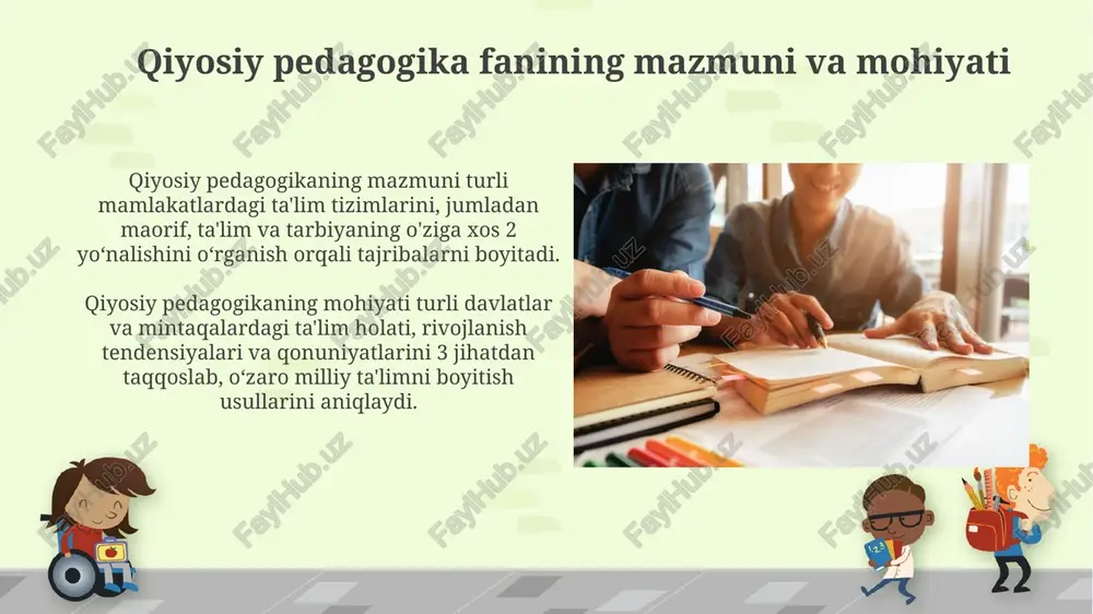 ri materiallari laboratoriya mashg'ulotlari amaliy ko'nikmalarni shakllantirishga qaratilgan bo'lib, unda 1 dan 3 soatgacha nazariy bilimlar va 2 dan 4 soatgacha amaliy mashqlar bajarish ko'zda tutiladi. seminar mashg'ulotlarida talabalar 5-6 kishilik guruhlarga bo'linib, berilgan mavzular bo'yicha referatlar tayyorlaydi va uni 10-15 daqiqa ichida himoya qiladi hamda savollarga javob beradi. qo'shimcha materiallar qoʻshimcha materiallar sifatida turli xil video darsliklardan foydalanish mumkin, bunda har bir video darslik maʼlum bir mavzuga bagʻishlangan boʻlishi va 5-10 daqiqadan oshmasligi maqsadga muvofiqdir. keys-stadilarda turli xil amaliy vaziyatlar, pedagogik muammolar yechimi aks ettirilgan boʻlib, ulardan foydalanish orqali talabalarning mustaqil fikrlash qobiliyatlarini rivojlantirish mumkin. vaziyatlar soni 2 tadan 4 tagacha boʻlishi shart. uzluksiz ta'limni tashkil etish va rivojlantirish prinsiplari uzluksiz taʼlim tizimida taʼlim oluvchilarda estetik boy dunyoqarashni hosil qilish, ularda yuksak maʼnaviyat, madaniyat va ijodiy fikrlashni shakllantirishga yoʻnaltirilgan ijtimoiy-madaniy yo'nalish muhim ahamiyatga ega. ta’limning milliy yoʻnaltirilganligi taʼlimning milliy tarix, xalq anʼanalari va urf-odatlari bilan uygʻunligi, oʻzbekiston xalqlarining madaniyatini …