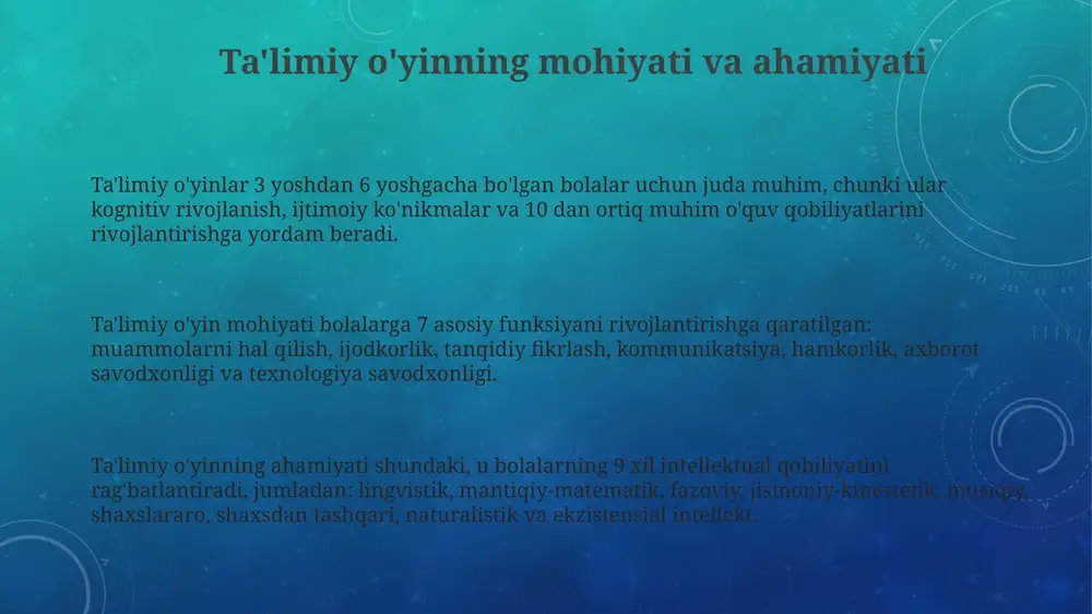 platformalari va metodik qo'llanmalar mavjudligi pedagogning ishini osonlashtiradi. xavfsizlik qoidalari va gigiyena talablari o'yin maydonchasida bolalarning xavfsizligini ta'minlash uchun har 3 oyda jihozlar tekshirilishi va shikastlangan qismlar zudlik bilan ta'mirlanishi yoki almashtirilishi shart, bolalarni nazoratsiz qoldirmaslik lozim. o'yinchoqlar har kuni dezinfektsiyalovchi vositalar bilan tozalanadi, ayniqsa 1 yoshgacha bo'lgan bolalar o'yinchoqlari, ularni og'ziga solish xavfini hisobga olgan holda gigiyena talablariga qat'iy rioya etiladi. bolalarning shaxsiy gigiyenasiga alohida e'tibor qaratish zarur: har bir bolaning alohida sochiqlari bo'lishi, ovqatdan oldin va keyin qo'llarni sovun bilan yuvish, 2 yoshdan oshgan bolalarga esa bu ko'nikmani singdirish muhim. e'tiboringiz uchun rahmat image3.png