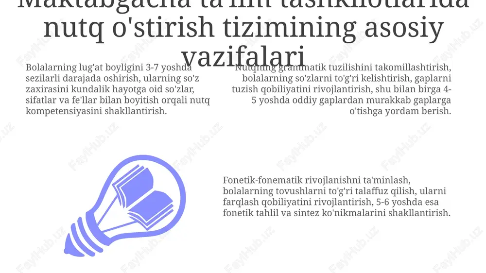 nish uchun namoyish etadi. o'qituvchi nutq o'yinlarida faol ishtirok etib, 5-6 yoshli bolalarga to'g'ri talaffuzni o'rgatadi, fonetik mashqlarda 2-3 ta tovushni farqlashga yordam beradi. ota-onalar bilan hamkorlik, monitoring va baholash hamda milliy madaniyat elementlari ota-onalar bilan hamkorlikda 'ochiq eshiklar kuni'ni tashkil etish, 3-4 yoshli bolalarning nutq rivojlanishidagi muammolarni aniqlash va 5 ta amaliy maslahat berish yaxshi natija beradi. nutq monitoringi va baholashda 4 ta asosiy ko'rsatkich (lug'at, grammatika, bog'langan nutq, fonetika) bo'yicha testlar o'tkazish va natijalarni 2 marta (yil boshida va oxirida) taqqoslash muhimdir. milliy madaniyat elementlari orqali nutqni o'stirishda 7 ta ertakdan foydalanish, 2 ta milliy o'yin o'rgatish va har bir mashg'ulotga 1 tadan maqol qo'shish bolalarning qiziqishini oshiradi. e'tiboringiz uchun rahmat image4.png image1.jpeg image2.jpeg image3.jpeg