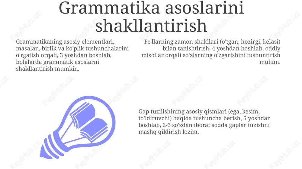 rammatik xatoliklar va 6 yoshda til tushunmovchiliklari kabi xavf omillarini erta baholashni o'z ichiga oladi. differensial yondashuv, 3-5 yoshli bolalarda nutqiy nuqsonlar aniqlangandan so'ng, logopedlar bilan hamkorlikda shaxsiy o'quv rejalari orqali maxsus yordam ko'rsatishni nazarda tutadi. e'tiboringiz uchun rahmat image1.jpeg image2.jpeg image3.jpeg