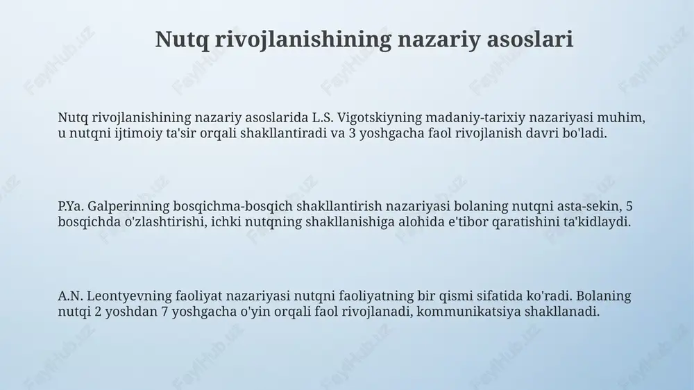 va master-klasslar tashkil etish, ularda 3-5 yoshli bolalarda nutqni rivojlantirish bo'yicha amaliy mashqlar ko'rsatish va o'rgatish muhim. ota-onalar bilan individual maslahatlar o'tkazish, unda har bir bolaning 4 ta asosiy nutq ko'rsatkichlari (lug'at boyligi, grammatika, talaffuz, bog'liqlik) bo'yicha tavsiyalar beriladi. "ochiq eshiklar kuni" tadbirlarini o'tkazish, ota-onalarga bolalarning 10-15 daqiqalik nutq mashg'ulotlarida ishtirok etish va bolalar bilan uy vazifalarini muhokama qilish imkoniyatini yaratish kerak. pedagoglarning nutq rivojlantirish bo'yicha kasbiy kompetentligi pedagogning kasbiy kompetentligi 4 aspektni qamrab oladi: nutq diagnostikasi (kamida 3 usul), 7 turdagi o'yinlarni tashkil etish va 2 ta korreksion usulni bilish, shuningdek, oila bilan aloqani o'rnatish. pedagoglar nutq rivojlantirish bo'yicha 3 asosiy kompetentlikka ega bo'lishi zarur: nazariya, amaliyot va baholash. bular nutqning 5 ta komponentini tushunishni, metodlarni qo'llashni va natijalarni aniqlashni o'z ichiga oladi. nutq rivojlantirish bo'yicha kompetentlik 120 soatlik o'quv dasturini o'zlashtirish, 10 ta metodik qo'llanmani tahlil qilish va har chorakda kamida 5 ta dars ishlanmasini yaratish orqali oshiriladi. …