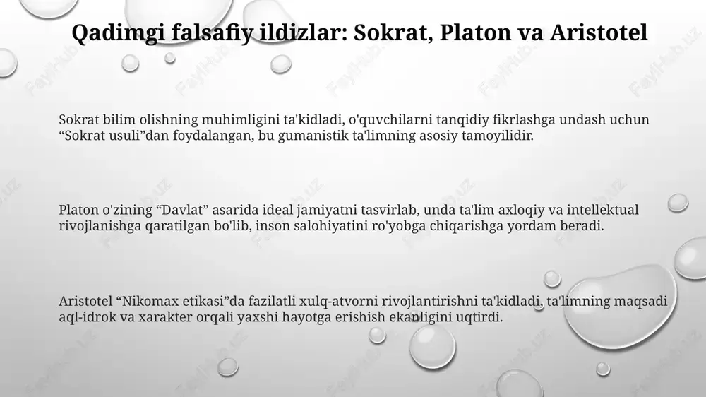 talaridagi nazariyotchilar va zamonaviy tendentsiyalar xx asr o'rtalarida gumanistik ta'lim nazariyotchilari, maslouning "ehtiyojlar ierarxiyasi" va rojersning "shaxsga yo'naltirilgan yondashuvi" kabi asosiy g'oyalarni ilgari surishdi. zamonaviy tendentsiyalar 21-asr ko'nikmalariga (tanqidiy fikrlash, hamkorlik, ijodkorlik) e'tiborni kuchaytiradi, texnologiyalarni integratsiyalash, inklyuzivlik va o'quvchining farovonligini ta'minlaydi. paulo freirening "ozodlik pedagogikasi" tanqidiy pedagogikaning muhim nazariyasini taqdim etadi, bu zulm tizimlariga qarshi kurashish va o'quvchilarni o'z taqdirini o'zi belgilashga undaydi. e'tiboringiz uchun rahmat image1.png image2.png