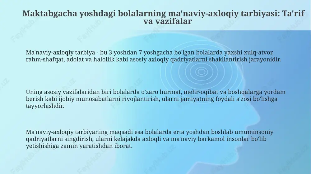 orqali madaniy merosni boyitishga hissa qo'shadi. muammolar, yechimlar va baholash mezonlari muammo: bolalarning axloqiy tushunchalari loyqa bo'lishi mumkin. yechim: 4-5 yoshli bolalar uchun oddiy hikoyalar va o'yinlar orqali tushuntirish. baholash: savollarga javob berish qobiliyati. muammo: tarbiyachilarning shaxsiy namunalari ta'sirchan bo'lishi mumkin. yechim: tarbiyachilarga 10 soatlik axloqiy ta'lim kurslarini o'tkazish. baholash: kuzatuv va so'rovnomalar. muammo: diniy mavzular bo'yicha noaniqlik. yechim: 6 yoshgacha bo'lgan bolalarga milliy qadriyatlarni 7 asosiy printsipga tayangan holda o'rgatish. baholash: ota-onalar fikri. e'tiboringiz uchun rahmat image2.png image1.png