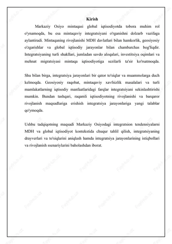 al iqtisodiyotda integratsion jarayonlarning qiyosiy tahlili markaziy osiyo, mdh va global iqtisodiyotning integratsion tendentsiyalarini taqqoslash item iqtisodiy integratsiya darajasi siyosiy integratsiya darajasi savdo aloqalarining intensivligi investitsiya oqimi markaziy osiyo o'rta past o'sib bormoqda o'rta mdh past o'rta o'rta past global iqtisodiyot yuqori o'zgaruvchan yuqori yuqori global iqtisodiyotda markaziy osiyoning o'rni markaziy osiyo global iqtisodiyotda tobora muhim rol o'ynamoqda, ayniqsa, tabiiy resurslarga boyligi va strategik geografik joylashuvi tufayli. mintaqa davlatlari xalqaro savdo aloqalarini rivojlantirish, xorijiy investitsiyalarni jalb qilish va transport-kommunikatsiya infratuzilmasini modernizatsiya qilish orqali o'zlarining global integratsiyasini kuchaytirmoqda. xitoyning "bir kamar, bir yo'l" tashabbusi markaziy osiyo davlatlarining tranzit salohiyatini oshirish va mintaqaning global iqtisodiyotga integratsiyasini tezlashtirish uchun muhim imkoniyat yaratadi. shu bilan birga, markaziy osiyo davlatlari global iqtisodiyotning o'zgaruvchan sharoitlariga moslashish va raqobatbardoshlikni oshirish uchun chuqur islohotlar o'tkazishga muhtoj. diversifikatsiyalangan iqtisodiyotni yaratish, eksportni ko'paytirish va innovatsion texnologiyalarni joriy etish mintaqaning barqaror rivojlanishini ta'minlash uchun muhim ahamiyatga ega. bundan tashqari, ekologik muammolarni …
