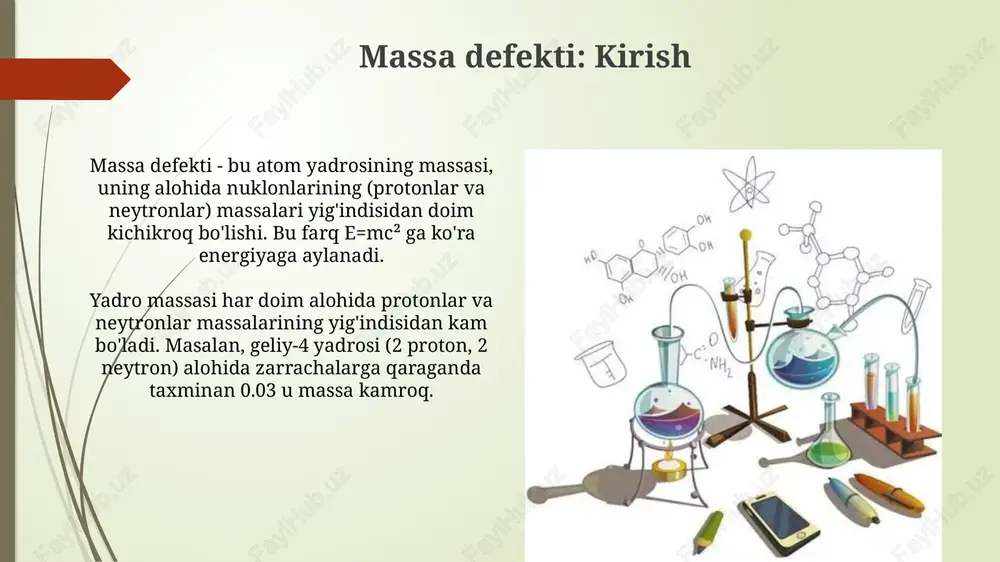 ssa defekti 0.03037 amu bo'lsa, e=mc² dan foydalanib, mev da ekvivalent bog'lanish energiyasini aniqlang. amaliy qo'llanilishi yadro tibbiyotida massaning defekti va bog'lanish energiyasi tushunchalari radioaktiv izotoplarni yaratish va ularning diagnostika va davolashda qo'llanilishini ta'minlaydi, masalan, i-131 qalqonsimon bez kasalliklarini davolashda ishlatiladi. atom elektr stantsiyalari yadro bog'lanish energiyasidan foydalanib, katta miqdordagi issiqlik hosil qiladi, bu suvni bug'ga aylantiradi va turbinalarni harakatga keltiradi, natijada 1000 mwtgacha elektr energiyasi ishlab chiqariladi. o'lchash usullari mass-spektrometriya yuqori aniqlikda atom massalarini o'lchash uchun ishlatiladi. ionlar magnit maydon orqali o'tganda, ularning massasi va zaryad nisbati asosida ajratiladi, bu esa 1 ppm aniqlikda o'lchash imkonini beradi. gamma-spektroskopiya yadrolar tomonidan chiqarilgan gamma-nurlarning energiyalarini o'lchaydi. yuqori aniqlikdagi germanium detektorlari (hpge) yadroviy o'tishlarni aniqlash va bog'lanish energiyasini hisoblash uchun ishlatiladi. yadroviy barqarorlik yadro barqarorligi neytronlar va protonlar nisbatiga bog'liq; barqarorlik uchun optimal nisbat atom raqami ortishi bilan 1 dan 1,5 gacha oshadi, og'ir yadrolar uchun esa bu nisbat muhim ahamiyatga ega. …