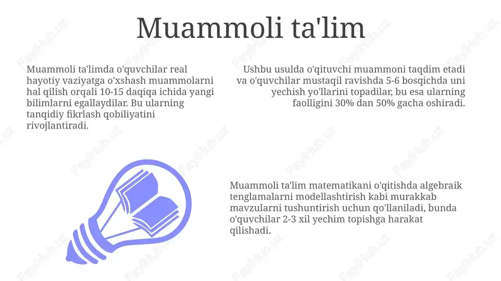bo'lib, talabalarni mustaqil izlanishga undaydi. o'quvchilar aktiv ishtirok etib, 75% masalalarni o'zlari yechishga harakat qiladilar. evristik ta'limda o'qituvchi 3 bosqichda yo'l-yo'riq ko'rsatib, o'quvchilarning 85% yangi bilim yaratishiga yordam beradi. o'quvchi 5 asosiy savolga javob berib, 60% faol bo'ladi. modulli ta'limda o'qituvchi 40% modulni tushuntiradi va 60% individual yordam beradi. o'quvchi 70% vaqtini mustaqil o'rganishga sarflaydi, 30% o'qituvchi bilan maslahatlashadi. baholash va resurslar modulli ta'limda resurslar qatoriga turli xil 120 dan ortiq interaktiv simulyatsiyalar, animatsiyalar va virtual laboratoriyalar kiradi, bu tushunishni chuqurlashtiradi. baholashda rubrikalardan foydalanish o'quvchilarning matematik tushunchalarni 360 daraja tushunishini aniqlash uchun muhim, bunda mezonlar aniq va bajarish darajalari belgilanadi. problemaga asoslangan ta'limda (pat) baholash o'z-o'zini baholash, tengdoshlar bahosi va 4 ta asosiy bosqichni o'z ichiga oladi, natijada o'quvchilarning tanqidiy fikrlash qobiliyati baholanadi. xulosa va tavsiyalar muammoli ta'lim o'quvchilarni 75-85% faollashtirsa-da, evristik usul 90% kreativlikni oshiradi, ammo vaqt sarfi yuqori. shuning uchun usullarni kombinatsiyalash maqsadga muvofiq. modulli ta'lim 60% moslashuvchanlikni …