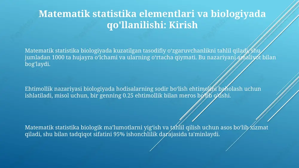 kuchini ko'rsatadi. genetikada anova gen ekspressiyasining 3 xil guruhidagi (masalan, nazorat, davolash 1, davolash 2) farqini solishtirishga yordam beradi, p-qiymati 0.05 dan kichik bo'lsa, muhim farq borligini bildiradi. e'tiboringiz uchun rahmat