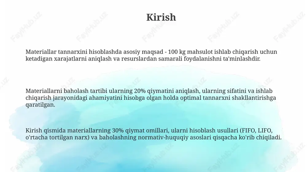 jasi va valyuta kursining o'zgarishi kabi iqtisodiy omillar 10-15% ga baholash usullarini tanlashga katta ta'sir ko'rsatadi. buxgalteriya siyosati va soliq qonunchiligi talablari, masalan, fifo yoki o'rtacha tortilgan baho, 5-7% baholash usulini tanlashga majburiy ta'sir qiladi. korxonaning material zaxiralarini boshqarish tizimi va texnologik jarayonlar, masalan, erp tizimi, aniqlik darajasiga 3-4% ta'sir etib, usul tanlashda muhim rol o'ynaydi. materiallar tannarxini hisoblashda hisobga olish siyosati hisobga olish siyosati zaxiralarning har bir turi uchun (xom ashyo, materiallar, yordamchi materiallar) alohida tannarxni baholash usulini belgilashi kerak, 10-sonli bhms talablariga muvofiq. materiallar tannarxini hisoblash siyosati fifo (birinchi kelgan birinchi ketadi) yoki o'rtacha tortilgan qiymat usullarini qabul qilishi mumkin, bu 2 usul moliyaviy natijalarga ta'sir qiladi. tannarxni hisoblash siyosati transport xarajatlari, bojxona to'lovlari va boshqa bevosita xarajatlarni materiallar tannarxiga kiritish usulini aniq ko'rsatishi zarur, bu moddiy xarajatlarni aniqlaydi. xulosa va tavsiyalar materiallar tannarxini aniqlashda zamonaviy dasturiy taʼminot yechimlaridan foydalanish, xatoliklarni kamaytirish va aniqlikni 15-20% ga oshirish imkonini …
