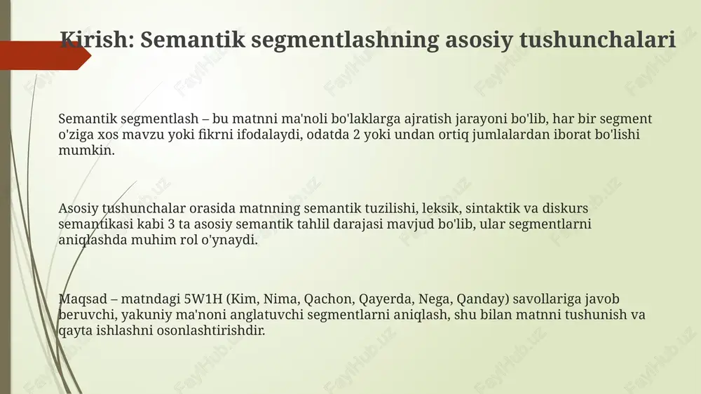 mdir, aniqlik esa 85% ga teng. qiyinchiliklar, cheklovlar va yechimlar aniq ma'nolarning yo'qligi muammo tug'diradi; ko'p ma'noli so'zlar 75% aniqlikga erishishni qiyinlashtiradi. yechim - kontekstni chuqurroq tahlil qilish va semantik tarmoqlardan foydalanish. matn uzunligi cheklov bo'lishi mumkin; katta hajmdagi ma'lumotlar 90% aniqlik bilan ishlov berish uchun resurs talab qiladi. yechim - parallel hisoblash va samarali algoritmlardan foydalanish. segmentlash qiyinchiliklaridan biri noaniqlikdir; grammatik tuzilmalarning xilma-xilligi 80% holatda xatoliklarni keltirib chiqaradi. yechim - sintaktik va semantik qoidalarni birlashtirgan gibrid yondashuvlar. xulosa va kelajakdagi yo'nalishlar kelajakda chuqur o'rganish (deep learning) modellari va transformer arxitekturalari (masalan, bert, gpt-3) yordamida semantik segmentlashning aniqligi va samaradorligini oshirish uchun yangi algoritmlar ishlab chiqiladi. semantic segmentlashda erishilgan yutuqlarga qaramay, 100% aniqlikka erishish qiyin, chunki matnning nozik ma'nolari va kontekstual bog'liqliklari sun'iy intellekt uchun murakkab vazifa hisoblanadi. diskurs semantikasini tahlil qilish orqali, matndagi semantik aloqalarni aniqlash va segmentlashda 25% gacha aniqlikni oshirish mumkin, shu bilan birga, mavhumlik muammosini hal …