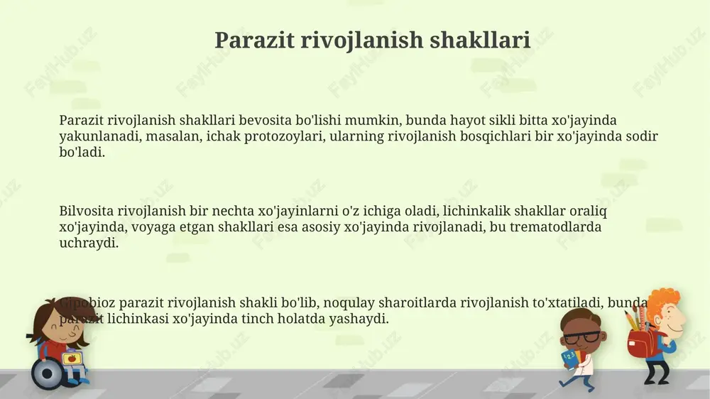 ar, bezgak parazitlarini odamlarga yuqtirishda muhim rol o'ynaydi;plasmodiumning rivojlanish siklining bir qismi chivinda sodir bo'ladi. ba'zi parazitlar, masalan, trematodalar, hayot siklini yakunlash uchun bir nechta oraliq xo'jayinlardan, masalan, shilliq qurtlar va baliqlardan foydalanadi; har bir xo'jayinda turli bosqichlar o'tadi. vositachilar parazitlar uchun transport vositasi vazifasini bajaradi va ularning 1 dan 100 tagacha bo'lgan sonini bir xo'jayindan boshqasiga o'tkazishga yordam beradi va bu parazitlar tarqalishiga yordam beradi. avlod almashinuvi avlod almashinuvi parazitga tez ko'payish imkonini beradi (jinssiz ko'payish) va yangi muhitlarga moslashishni (jinsiy ko'payish) ta'minlab, 3 avlodgacha o'zgarishni rag'batlantiradi. ko'pgina parazitlar avlod almashinuvini namoyon etadi, bu erda jinsiy va jinssiz ko'payish bosqichlari bir hayot siklida 2 yoki undan ortiq xojasidan foydalanadi. plasmodium kabi ba'zi parazitlar avlod almashinuvida bir nechta jinssiz ko'payish bosqichlaridan o'tadi, so'ngra yakuniy xo'jayinda 1 ta jinsiy ko'payish bosqichini o'tkazadi. jinsiy va jinssiz ko'payish ba'zi parazitlar jinsiy va jinssiz ko'payishni o'zgartiradilar, masalan, plasmodium, urg'ochi anofel chivinida jinsiy ko'payish, odam …