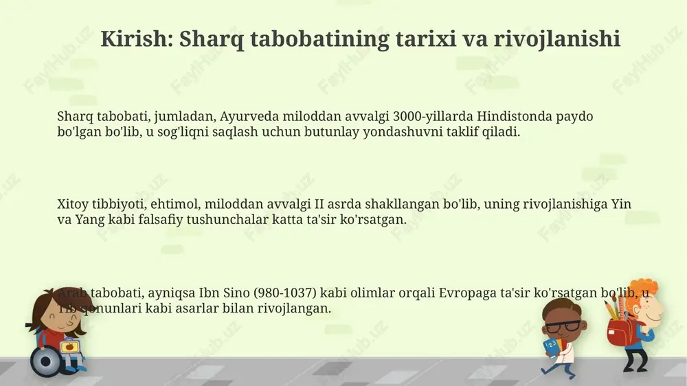 rligini oshirish mumkin. genomika va proteomika kabi 3.0 yondashuvlar sharq tibbiyoti diagnostika usullarini boyitib, individual davolash rejalari va profilaktika strategiyalarini yaratishga yordam beradi. keyingi 5-10 yillikda sharq tibbiyotining ilmiy asosini mustahkamlash uchun randomizatsiyalangan klinik sinovlar va meta-tahlillarga investitsiyalarning ortishi kuzatilishi mumkin. e'tiboringiz uchun rahmat image6.png image1.png