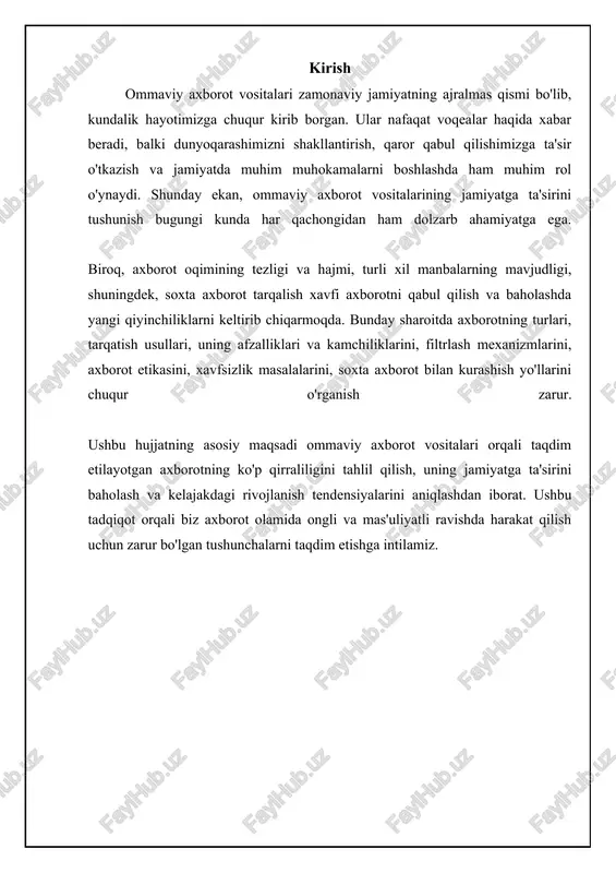 iga ega. masalan, bosma nashrlar chuqur tahlil va batafsil ma'lumot berishga qodir, radio esa tezkorlik va qulaylikni ta'minlaydi. televideniye vizual effektlar va emotsional ta'sir orqali auditoriyaga kuchli ta'sir ko'rsatadi, internet esa global auditoriyaga kirish imkonini beradi va interaktivlikni ta'minlaydi. so'nggi yillarda ijtimoiy tarmoqlar ham muhim axborot manbai sifatida shakllandi, ammo ularda dezinformatsiya tarqalishi xavfi yuqori. shuning uchun, oavdan foydalanishda tanqidiy fikrlash va axborotni tekshirish muhim ahamiyatga ega. ommaviy axborot vositalarining tarqatish usullari ommaviy axborot vositalari axborotni tarqatishda turli xil usullardan foydalanadi. an'anaviy usullarga gazetalar va jurnallarni chop etish va tarqatish, radio va televideniye orqali efirga uzatish kiradi. ushbu usullar keng auditoriyaga yetib borish imkoniyatini beradi, ammo geografik cheklovlar va yuqori xarajatlar bilan bog'liq bo'lishi mumkin. raqamli texnologiyalarning rivojlanishi bilan internet orqali axborot tarqatishning ahamiyati sezilarli darajada oshdi. veb-saytlar, onlayn nashrlar, ijtimoiy tarmoqlar va mobil ilovalar axborotni tez va arzon narxlarda global miqyosda tarqatish imkonini beradi. internet orqali axborot tarqatishning o'ziga …