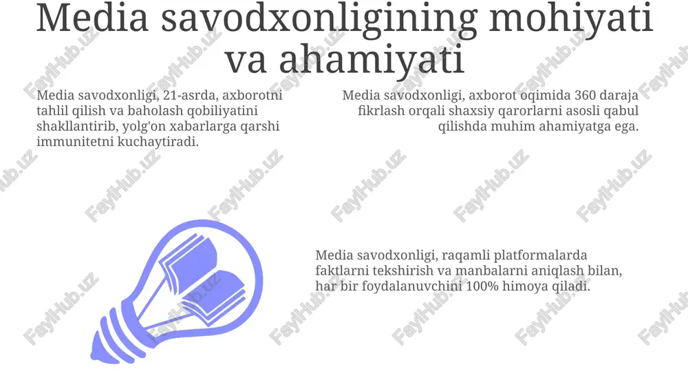 nteraktiv muhitlarda shakllantiradi, bu yerda foydalanuvchilar 80% gacha immersiv axborot tajribasiga ega bo'lishadi. blokcheyn texnologiyasi axborot manbalarining ishonchliligini ta'minlashda muhim rol o'ynaydi, bu esa 99% gacha soxta yangiliklarni aniqlash va ularning tarqalishini kamaytirishga yordam beradi. e'tiboringiz uchun rahmat image1.jpeg image2.jpeg image3.jpeg