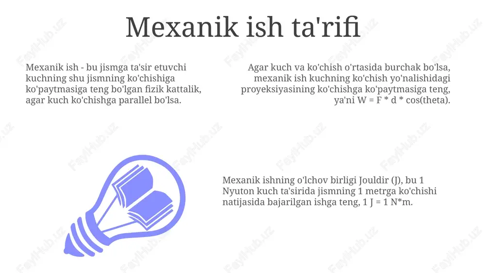 shga teng, ya'ni w = δke. teorema jismning harakat yo'li qanday bo'lishidan qat'i nazar, faqat boshlang'ich va oxirgi nuqtalarga bog'liq bo'lgan ishni hisoblashga imkon beradi, bu ko'p masalalarni osonlashtiradi. agar jismga ta'sir etuvchi kuchlar konservativ bo'lsa, ish-energiya teoremasi mexanik energiyaning saqlanish qonuniga olib keladi, ya'ni kinetik va potensial energiyalar yig'indisi o'zgarmas bo'ladi. konservativ kuchlar konservativ kuch uchun yopiq kontur bo'ylab bajarilgan umumiy ish nolga teng. potensial energiya konservativ kuch bilan bog'liq bo'lishi mumkin. konservativ kuchlar ta'sirida bajarilgan ish faqat boshlang'ich va oxirgi nuqtalarga bog'liq, traektoriyaga emas; masalan, og'irlik kuchi konservativ kuch hisoblanadi. agar faqat konservativ kuchlar ishlayotgan bo'lsa, mexanik energiya (kinetik energiya va potensial energiya yig'indisi) doimiy bo'lib qoladi, o'zgarmaydi. nokonservativ kuchlar nokonservativ kuchlar mexanik energiyani issiqlik yoki tovush kabi boshqa shakllarga aylantiradi, bu esa tizimning umumiy mexanik energiyasining kamayishiga olib keladi, masalan, ishqalanish kuchining ta'siri. nokonservativ kuchlar uchun ish bajarish yo'li muhim, chunki turli yo'llar turli xil ish hajmini …