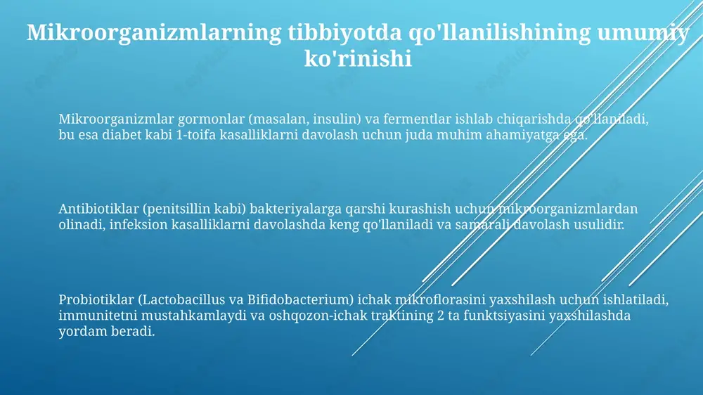 i yetkazish uchun ishlatilishi mumkin, bu esa maqsadli davolanish imkonini beradi. farmatsevtikada biotexnologik usullar va mikroorganizmlar rekombinant dnk texnologiyasi orqali insulin, interferon kabi 100 dan ortiq farmatsevtik preparatlar ishlab chiqariladi, bu diabet va virusli kasalliklarni davolashda muhim. mikroorganizmlar antibiotiklarning asosiy manbai hisoblanadi, masalan, penicilliumdan olingan penitsillin, 20-asr tibbiyotida infeksiyalarni davolashda inqilob qildi. enzimlar, masalan, streptokinaza, mikroorganizmlar tomonidan ishlab chiqariladi va trombolitik vosita sifatida ishlatiladi, qon tomirlarida hosil bo'lgan trombni eritishga yordam beradi. e'tiboringiz uchun rahmat