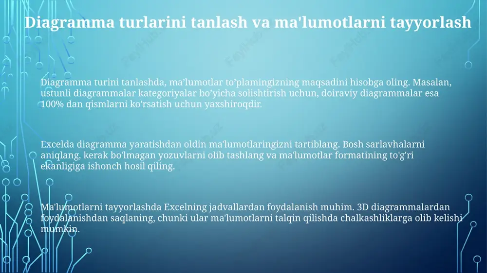 ni, masalan, o'sish yoki pasayish tezligini 10 davr mobaynida vizualizatsiya qiling va kelajakdagi qiymatlarni bashorat qilish uchun prognozlash variantlaridan foydalaning. slicerlar orqali interaktivlikni oshiring: ma'lumotlarni dinamik ravishda filtrlash va diagrammada namoyish etish uchun, misol uchun, 5 ta turli xil mahsulot liniyalari bo'yicha savdo ko'rsatkichlarini taqqoslash mumkin. diagramma bilan bog'liq muammolarni bartaraf etish va qisqa yo'llar agar diagramma ma'lumotlari noto'g'ri bo'lsa, 1) manba ma'lumotlarini tekshiring, 2) formulalar to'g'riligini aniqlang, 3) diagramma turini ma'lumotlarga mos kelishiga ishonch hosil qiling. diagramma tezroq yaratish uchun: ma'lumotlarni belgilang, so'ng alt + f1 tugmalarini bosing; bu avtomatik tarzda standart ustunli diagrammani yaratadi. diagramma elementlarini tezda tanlash uchun ctrl + shift tugmalarini bosib, diagramma ustidagi elementlarni bosish orqali ularni tanlang va sozlang. e'tiboringiz uchun rahmat image3.png image1.png image2.png