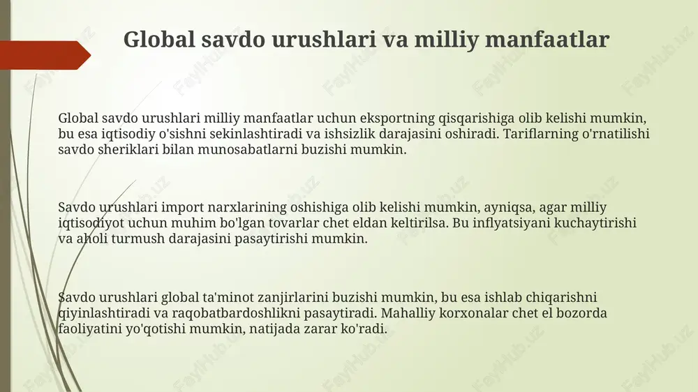 sishni susaytiradi. uzoq muddatli ishsizlik inson kapitalining yemirilishiga olib keladi, chunki ishchilar malakalarini yo'qotadi va 50 yoshdan oshganlar uchun qayta ish topish ehtimoli 20% ga kamayadi. texnologik qoloqlik va raqobatbardoshlikning pasayishi texnologik qoloqlik 4.0 sanoat inqilobi davrida raqobatbardoshlikning pasayishiga olib keladi, bu esa ishlab chiqarishda 20% gacha samaradorlik yo'qotilishiga sabab bo'lishi mumkin. innovatsiyalarga sarmoya kiritmaslik oqibatida texnologik qoloqlik xalqaro bozorda 30% gacha raqobatbardoshlikning pasayishiga olib keladi, eksport hajmlari kamayadi. texnologik jihatdan orqada qolish yirik korxonalarning 15% gacha bo'lgan qismini yopilishiga va 5% gacha ishsizlik darajasining oshishiga olib kelishi mumkin. sanksiyalar va embargolarning milliy iqtisodiyotga ta'siri embargolar strategik resurslar taqchilligini keltirib chiqarib, 15-25% gacha narxlarning oshishiga sabab bo'lishi mumkin, bu esa iqtisodiy beqarorlikka olib keladi. sanksiyalar import va eksportni cheklab, 20-30% gacha tashqi savdo hajmining kamayishiga olib kelishi mumkin, bu esa mahalliy ishlab chiqaruvchilarga salbiy ta'sir ko'rsatadi. sanksiyalar investitsiyalarni kamaytirib, 10-20% gacha to'g'ridan-to'g'ri xorijiy investitsiyalarning qisqarishiga olib keladi va texnologik rivojlanishni …