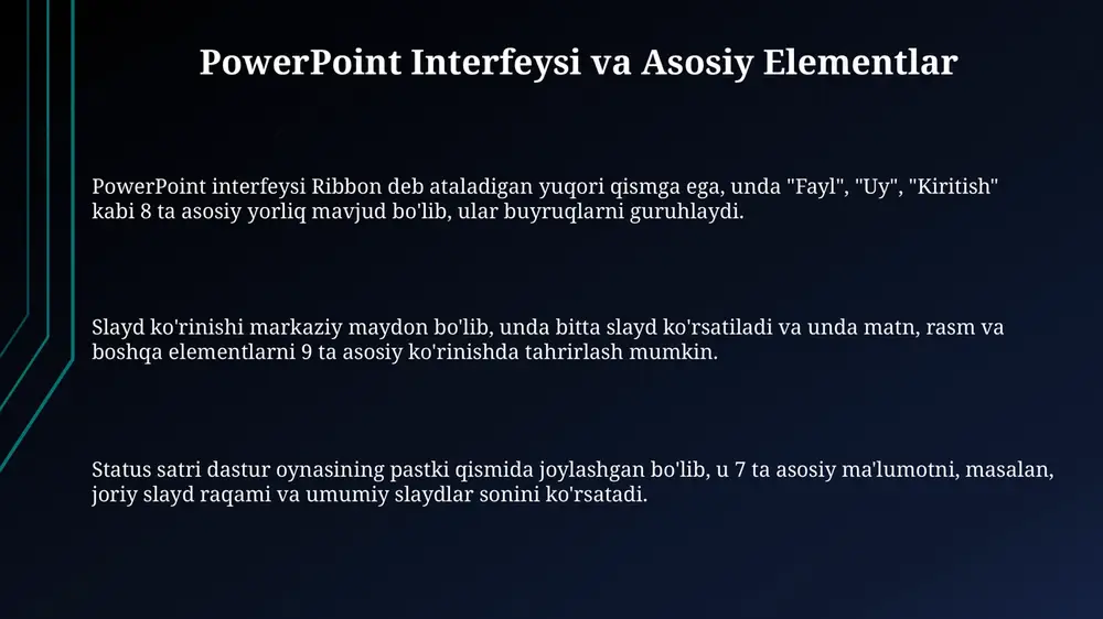etish, chop etish va eksport qilish taqdimotni namoyish etishda 'presenter view' dan foydalaning. u sizga slaydlaringizni, eslatmalaringizni va keyingi slaydni ko'rsatadi, auditoriya esa faqat 1 ta slaydni ko'radi. taqdimotni chop etishda 'handouts' rejimini tanlash auditoriyaga bir nechta slaydlarni (2, 3, 4, 6, yoki 9) bir varaqda chop etish imkonini beradi. powerpoint taqdimotini mp4 video formatida eksport qilish, taqdimotni interaktiv elementlarini saqlab qoladi va uni youtube kabi platformalarda oson baham ko'rish imkonini beradi. e'tiboringiz uchun rahmat image1.png