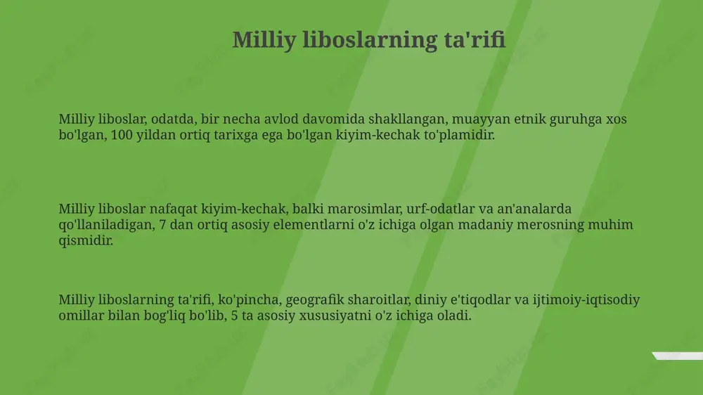 o'ldi. davlat tuzumining o'zgarishi, masalan, monarxiyadan respublikaga o'tish, liboslarga yangi ramzlarning kiritilishiga sabab bo'ldi, davlat bayrog'i ranglari ishlatila boshladi. milliy o'zlikni anglash liboslar, 15-asr madaniyatining bir qismi sifatida, milliy ramzlarni aks ettiradi va o'z xalqining tarixiy merosi bilan faxrlanish tuyg'usini shakllantirishga yordam beradi. milliy liboslar orqali o'zlikni anglash, 19-20-asrlarda ayniqsa kuchaydi, bu mustamlakachilikka qarshi kurash va milliy davlat qurish jarayonlarida muhim rol o'ynadi. milliy o'zlikni anglash 21-asrda global madaniyatning bir qismi sifatida milliy liboslarning zamonaviy talqinlarida namoyon bo'ladi, bu esa o'z madaniyatini targ'ib qilishning bir usulidir. globalizatsiya ta'siri globalizatsiya tufayli milliy liboslar elementlari ommaviy moda tendentsiyalariga singib ketdi, natijada 21-asrda gibrid uslublar va eklektik dizaynlar paydo bo'ldi. global savdo tarmoqlari orqali arzon import kiyim-kechaklar milliy liboslarning mahalliy ishlab chiqarilishiga bosim o'tkazmoqda, bu esa hunarmandchilikning yo'qolishiga olib kelishi mumkin. ijtimoiy media platformalari milliy liboslarni global auditoriyaga namoyish etish imkonini beradi, shu bilan birga turli madaniyatlarning o'zaro ta'sirini tezlashtiradi. zamonaviy tendentsiyalar milliy …