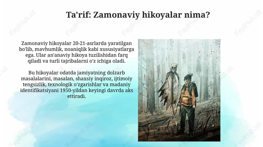 qbollari: zamonaviy hikoyalar kelajagi kelajakda hikoyalar immersiv texnologiyalar, masalan vr va ar yordamida 3d formatda paydo bo'lishi mumkin, bu esa hikoyaning 80 foizini his qilish imkonini beradi. sun'iy intellekt yordamida yaratilgan hikoyalar ko'payishi kutilmoqda, ai 2040 yilga borib shaxsiy didga moslashtirilgan 60% hikoyalarni yozishi mumkin. adabiyotshunoslik nuqtai nazari adabiyotshunoslikda formalizm 1920-yillarda paydo bo'lib, matnning shakliga e'tibor qaratib, mazmunni ikkinchi darajali deb hisoblaydi, stilistik xususiyatlarni o'rganadi. strukturalizm 20-asrning o'rtalarida tilshunoslikdan kelib chiqqan bo'lib, hikoyalarni o'zaro bog'langan elementlar tizimi sifatida tahlil qiladi, 31 ta funksiyani ajratib ko'rsatadi. global kontekst: zamonaviy hikoyalar jahon adabiyotida zamonaviy hikoyalar global miqyosda migratsiya, globalizatsiya va texnologiyaning ta'siri kabi mavzularni o'rganadi, ko'pincha 21-asrning notinchliklarini aks ettiradi. postkolonial adabiyotda zamonaviy hikoyalar tarixiy marginalizatsiya va madaniy o'zlikni tiklashga qaratilgan bo'lib, ko'pincha 1945-yildan keyingi jahon siyosatini aks ettiradi. e'tiboringiz uchun rahmat image2.jpg image3.jpg image4.jpg image5.jpg image6.jpg image7.jpg image8.jpg image9.jpg image10.jpg image11.jpg image12.jpg image13.jpg image1.png