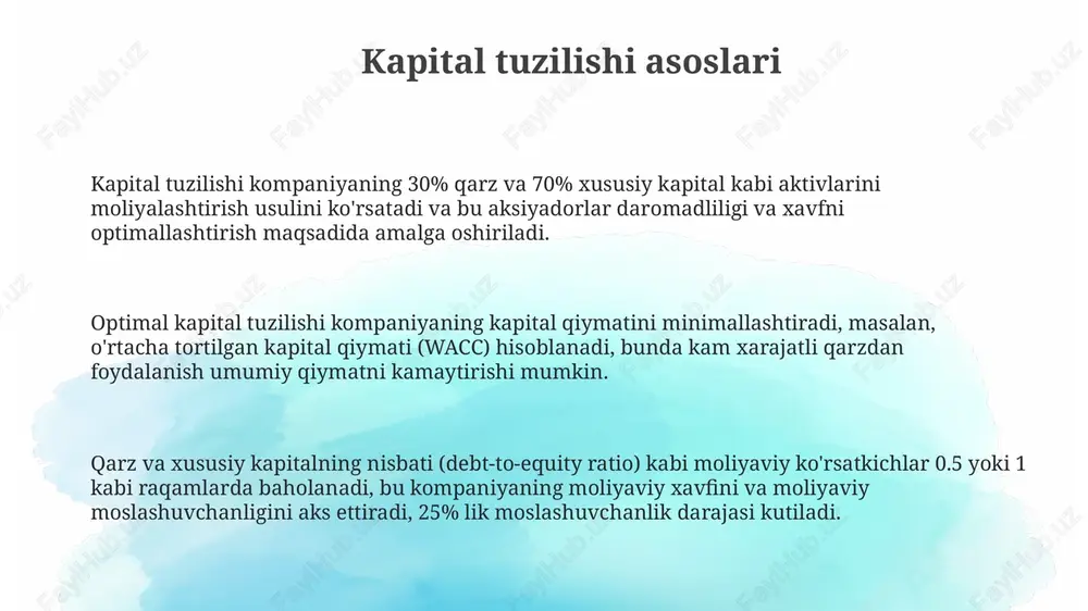 omad ko'paytirgichi orqali baholash usullarini qo'llashga ta'sir qiladi. baholash usullari, shu jumladan diskontlangan pul oqimi (dcf) tahlili, kapital bozorlaridagi investorlarning kutishlarini hisobga oladi, bu esa 8% dan 12% gacha bo'lgan qarz qiymatini hisoblashga ta'sir qiladi. kapital bozorlari samaradorligi baholash usullari, masalan, aktivlarning qiymatini 1,5 baravar oshirish orqali aniqlik darajasiga ta'sir qiladi, bu esa moliyaviy tuzilma qarorlariga ta'sir qiladi. e'tiboringiz uchun rahmat image1.png