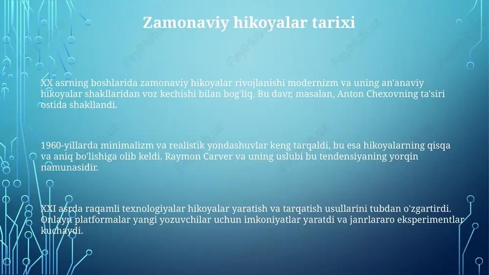 beradi, bu 100 dan kam nusxadagi kichik nashrlar uchun xarajatlarni kamaytiradi va kam sotiladigan kitoblarni sotuvda saqlaydi. tanqid va qabul tanqidchilar zamonaviy hikoyalarda janrlarning aralashuvi, 21-asr muammolarining aks etishi va uslubiy tajribalar kabi yangiliklarni qadrlashadi. zamonaviy hikoyalar ko'pincha qutblangan baholarga sazovor bo'ladi; 10 yildan keyin ularning ahamiyatini aniqlash qiyin, chunki madaniy ta'sir darajasi hali aniq emas. zamonaviy hikoyalar qabul qilinishi ko'pincha ijtimoiy tarmoqlarda #zamonaviy_adabiyot kabi xeshteglar orqali yuzaga keladi, bu esa keng auditoriyani jalb qiladi. mashhur mualliflar margaret atvud, “qulning hikoyati” (1985) kabi distopik romanlari bilan tanilgan, gender, siyosat va texnologiyaning zamonaviy jamiyatdagi ta’sirini o‘rganuvchi 40 dan ortiq asar yozgan. chimamanda ngozi adichie afrikalik ovozlarni asosiy adabiyotga olib kirgan. uning “yarim sariq quyosh” (2006) va boshqa asarlari kolonializmning ta’siri haqida 35 dan ortiq tillarda hikoya qiladi. xolid husayni, “shamol ortidan yuguruvchi” (2003) kitobi bilan mashhur boʻlib, urush vayron qilgan afgʻoniston haqida 20 milliondan ortiq nusxada sotilgan va koʻplab oʻquvchilar qalbida …