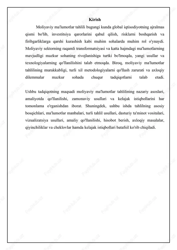 dlar siyosatini belgilash. qaror qabul qilishni qo'llab-quvvatlash moliyaviy ma'lumotlarni tahlil qilish orqali asosli qarorlar qabul qilish uchun ma'lumot berish. investitsiyalash, kredit olish, xarajatlarni qisqartirish, narxlarni belgilash kabi sohalarda qarorlar qabul qilish. moliyaviy hisobotlar: ma'lumotlar manbai moliyaviy ma'lumotlar tahlili uchun asosiy ma'lumot manbai moliyaviy hisobotlardir. bularga balans, foyda va zarar to'g'risidagi hisobot (moliyaviy natijalar to'g'risidagi hisobot) va pul oqimi to'g'risidagi hisobot kiradi. balans kompaniyaning ma'lum bir sanadagi aktivlari, majburiyatlari va o'z kapitalini aks ettiradi. foyda va zarar to'g'risidagi hisobot ma'lum bir davrdagi daromadlar, xarajatlar va sof foydani ko'rsatadi. pul oqimi to'g'risidagi hisobot esa kompaniyaning operatsion, investitsion va moliyaviy faoliyatlari natijasida pul oqimining harakatini aks ettiradi. hisobotlarda keltirilgan ma'lumotlar analitik ishlov berish uchun tayyor shaklda bo'lmasligi mumkin. shu sababli, hisobotlardagi ma'lumotlarni tahlil qilishdan oldin qayta ishlash, tartibga solish va moslashtirish talab etiladi. masalan, solishtirma tahlil o'tkazish uchun, turli davrlardagi moliyaviy ko'rsatkichlarni umumiy bazaga keltirish, inflyatsiya ta'sirini yo'qotish lozim. bundan tashqari, moliyaviy hisobotlarning …