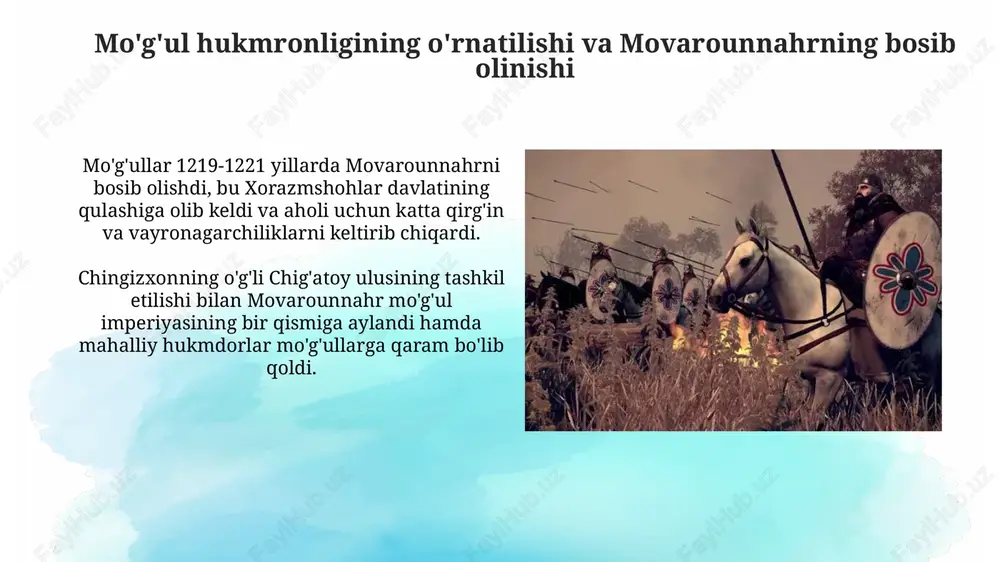 ar va hunarmandlarning noroziligi natijasida kelib chiqqan, ularning asosiy maqsadi adolatli boshqaruv o'rnatish edi. harakatning asosiy maqsadi zulmkor soliqlar va mo'g'ul amaldorlarining o'zboshimchaligiga qarshi kurashish, shuningdek, mahalliy aholining siyosiy va iqtisodiy huquqlarini himoya qilishdan iborat bo'lgan. mo'g'ullarga qarshi ozodlik kurashining amir temur davlatining shakllanishiga ta'siri mo'g'ullarga qarshi kurashlar, xususan, sarbadorlar harakati (1336-1381) amir temurning hokimiyatga kelishiga zamin yaratdi, chunki ular mo'g'ul hukmronligiga qarshi norozilikni kuchaytirdi. mahalliy aholining mo'g'ullarga qarshi olib borgan 14-asr ozodlik kurashlari amir temurga siyosiy obro' orttirishga yordam berdi, u bu kurashni davom ettirib, birlashgan davlat tuzdi. mo'g'ul istilosiga qarshi kurashning tarixiy ahamiyati mo'g'ullarga qarshi kurash milliy o'zlikni saqlash va mustaqillik g'oyasini rivojlantirishda muhim rol o'ynadi, kelajak avlodlar uchun 13-14-asrlarda o'z yurtini himoya qilish namunalarini ko'rsatdi. jaloliddin manguberdi kabi qahramonlarning jasorati, 1220-1231 yillarda mo'g'ullarga qarshi kurash olib borish, xalqning birligi va vatanparvarlik tuyg'ularini kuchaytirdi hamda milliy g'ururni shakllantirdi. mo'g'ul istilosi va ozodlik kurashiga oid tarixiy manbalar va tadqiqotlar …