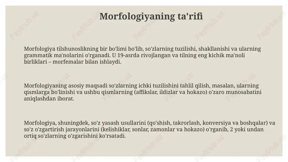 ilyatsiyasi kabi 2 ta hodisani. u 3 ta asosiy sohaga bo'linadi: allomorfik o'zgarishlar (morfem variantlari), null morfemalar (ko'rinmas, ammo grammatik ma'noni anglatuvchi morfemalar) va morfem chegaralaridagi fonologik jarayonlar. morfologiya va sintaksis aloqasi morfologiya sintaksisga so'zlarning shakllanishi va o'zgarish usullari orqali ta'sir etadi, bu esa gap qurilishida 1-darajali rol o'ynaydi. masalan, kelishik qo'shimchalari so'zlarning gapdagi o'rnini belgilaydi. sintaksis morfologik shakllarni boshqaradi, ya'ni gap tuzilishida so'zlarning qanday shaklda ishlatilishi sintaktik qoidalarga bog'liq. bu 2-darajali bog'lanish deb qaraladi. morfologiya va sintaksis birgalikda gapning ma'nosini yaratadi; morfologik belgilar (masalan, son, shaxs) sintaktik munosabatlarni aniqlaydi, 3-darajali ma'noni shakllantirishga xizmat qiladi. morfologik tipologiya ushbu soha tillarni izolyatsiya qiluvchi, flektiv, agglyutinativ va polisintetik kabi 4 ta asosiy morfologik turga ajratadi, har bir tur so'zlarning tuzilishida noyob xususiyatlarga ega. morfologik tipologiya tillarni morfemalar qanday biriktirilishiga qarab, masalan, agglyutinativ tillar bir nechta aniq morfemalardan iborat so'zlarga ega. flektive tillar, masalan, lotin tili, bir morfema bir nechta grammatik ma'noni ifodalashi …