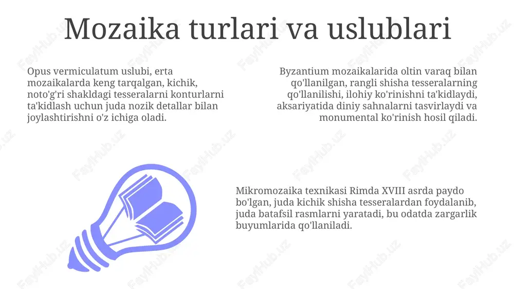 i. tarixiy va zamonaviy mozaika namunalar rim mozaikalari miloddan avvalgi 2-asrga borib taqaladi, ular ko'pincha geometrik naqshlar va maishiy sahnalarni aks ettirgan, ularning asosiy maqsadi esa pollarni bezash edi. zamonaviy mozaikalar xx-xxi asrlarda san'at asari sifatida paydo bo'ldi, unda rangli shisha, keramika va toshlardan foydalaniladi, shu bilan birga mavhum kompozitsiyalar yaratiladi. vizantiya mozaikalari 6-15 asrlarga tegishli bo'lib, ular oltin varaqlaridan foydalangan holda yaratilgan diniy sahnalarni tasvirlaydi, ularning asosiy joylashuvi cherkov gumbazlari hisoblanadi. e'tiboringiz uchun rahmat image4.png image1.jpeg image2.jpeg image3.jpeg