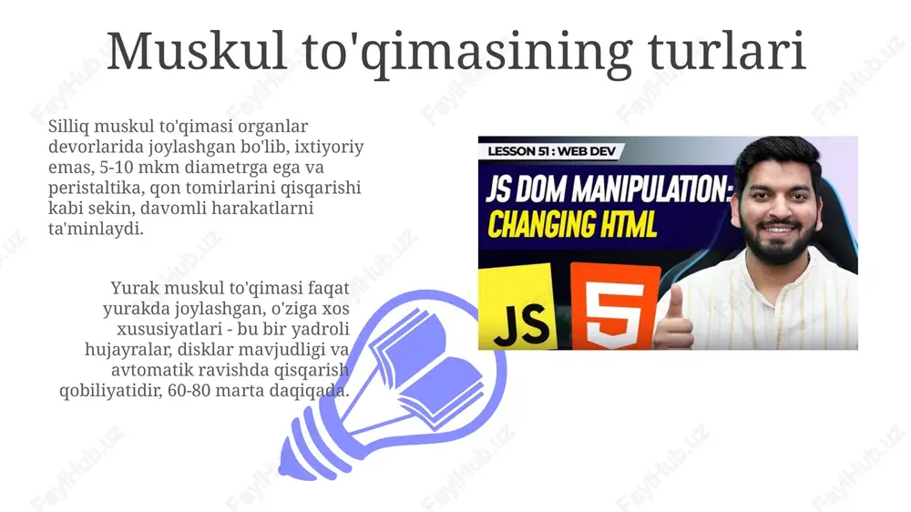 a natijasida mushak massasining pasayishini anglatadi, bunda oqsil degradatsiyasi sintezdan oshib ketadi, natijada mushak tolalari diametri kamayadi. muskul tolalari turlari (i, iia, iix) i toifa mushak tolalari sekin qisqaradi, yuqori chidamlilikka ega va yog'larni energiya manbai sifatida ishlatadi, shuning uchun ular uzoq masofaga yugurish kabi uzoq muddatli mashqlar uchun idealdir. iia toifa mushak tolalari tez qisqaradi, charchoqqa o'rtacha qarshilik ko'rsatadi va aerob va anaerob metabolizmni ishlatadi; 400 metrlik yugurish kabi aralash mashqlar uchun moslashuvchan. muskul guruhlari va harakatlar mushkul guruhlari ko'pincha funksional birliklarda ishlaydi, masalan, 4 ta rotatori mansheti mushaklari (supraspinatus, infraspinatus, teres minor, subscapularis) yelka qo'shilishini barqarorlashtirish va harakatini nazorat qilish uchun birgalikda harakat qiladi. biceps brachii va triceps brachii kabi mushak guruhlari antagonist bo'lib ishlaydi; biceps tirsakni bukish uchun qisqaradi, triceps esa tirsakni to'g'rilash uchun qisqaradi, harakatlarning muvozanatini ta'minlaydi. antagonistik, agonist va sinergist mushaklar 01 02 agonist mushak, asosiy harakatni bajaradi, masalan biceps brachii tirsakni bukadi. antagonist mushak …